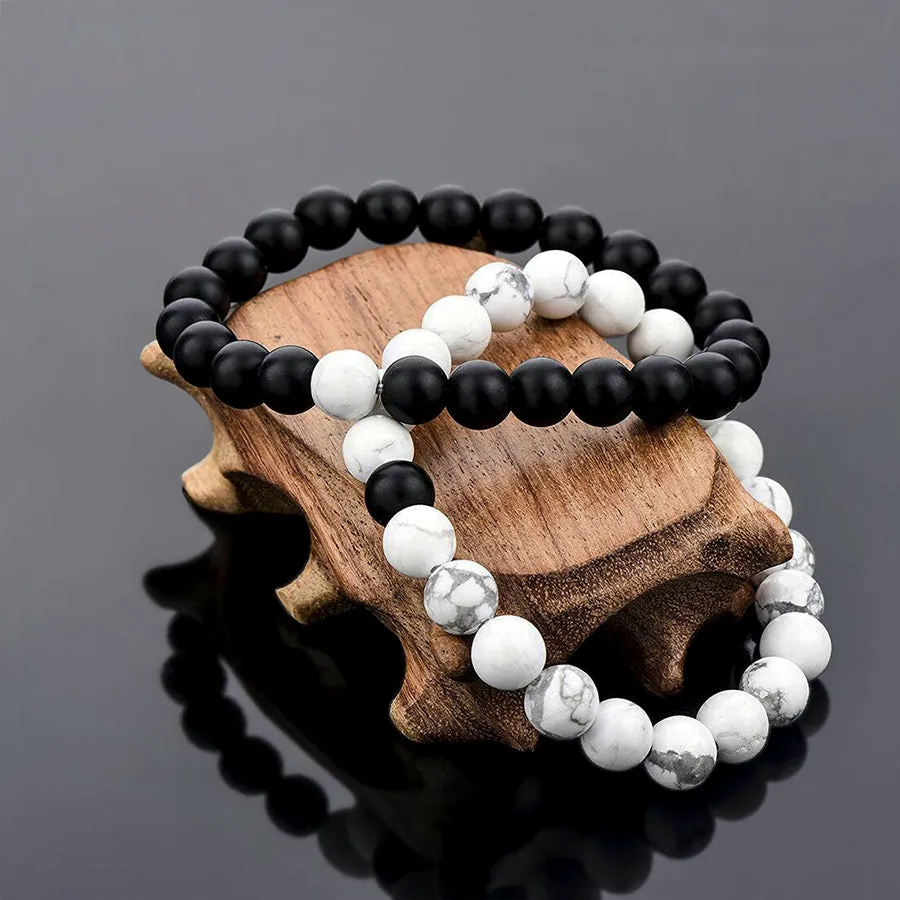 Men's Bracelet Stack Black Onyx & White Howlite Stone Beads