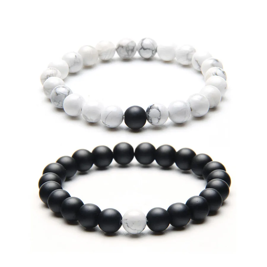 Men's Bracelet Stack Black Onyx & White Howlite Stone Beads