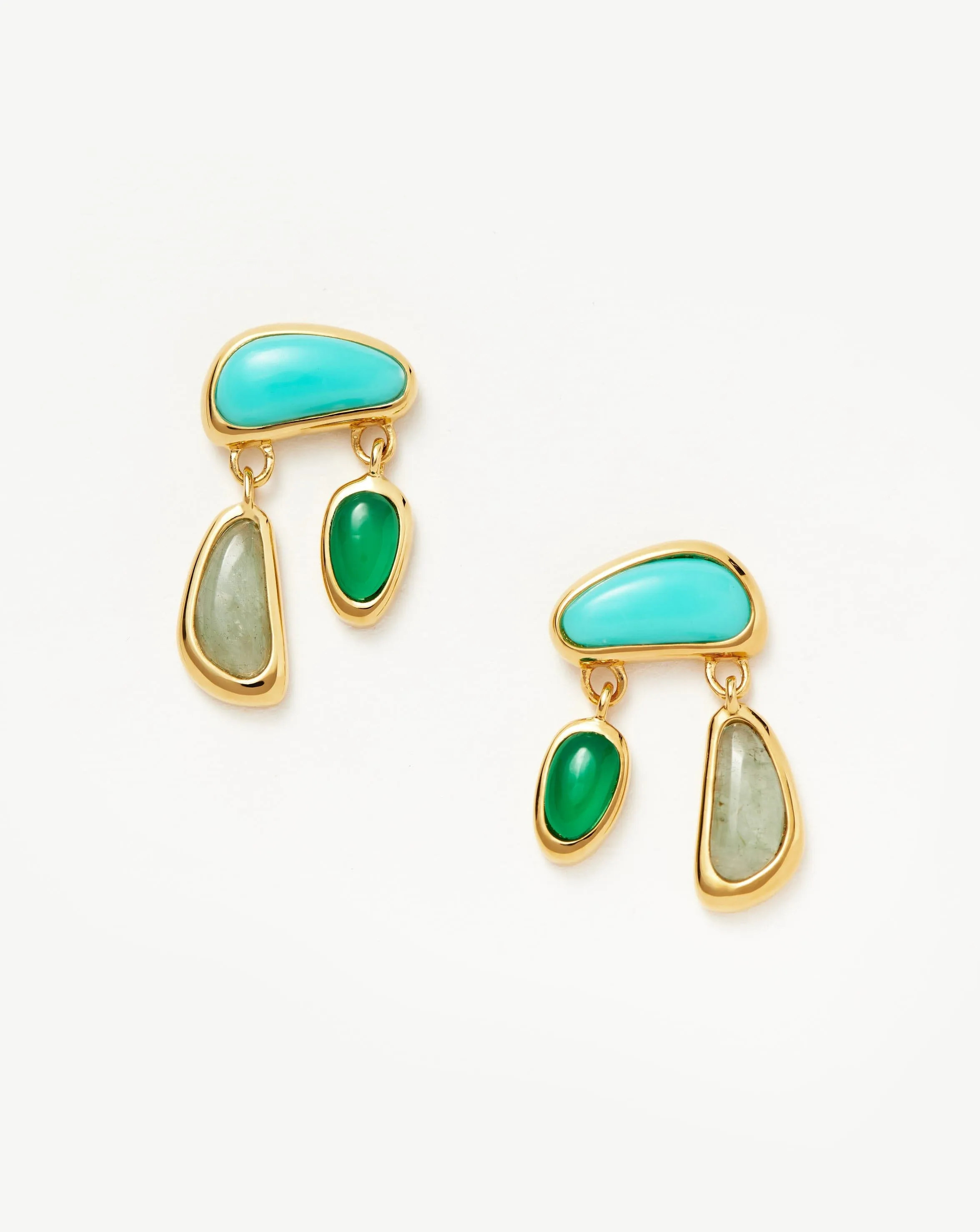 Molten Gemstone Floating Charm Stud Earrings | 18ct Gold Plated/Chalcedony & Turquoise & Aquamarine