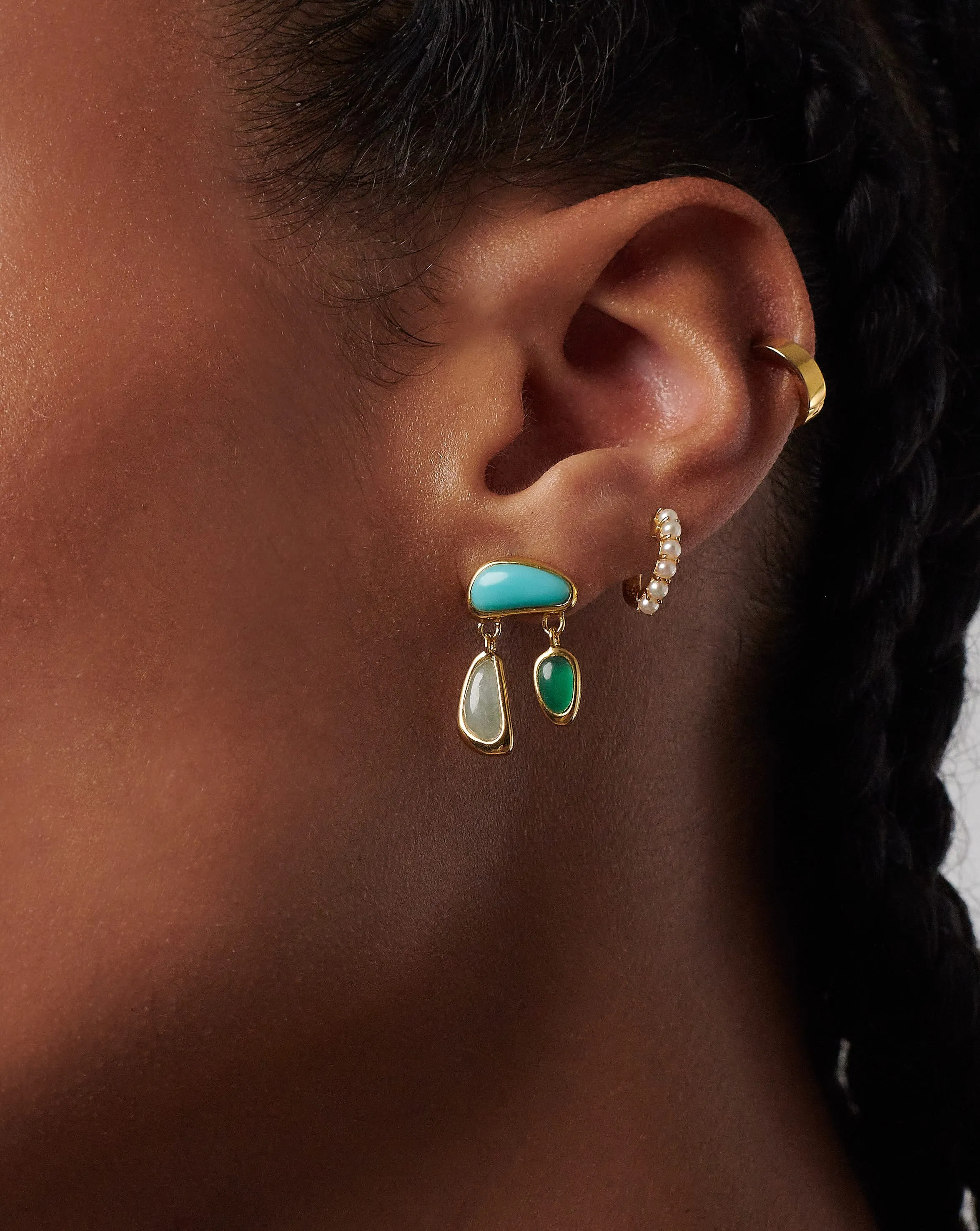 Molten Gemstone Floating Charm Stud Earrings | 18ct Gold Plated/Chalcedony & Turquoise & Aquamarine