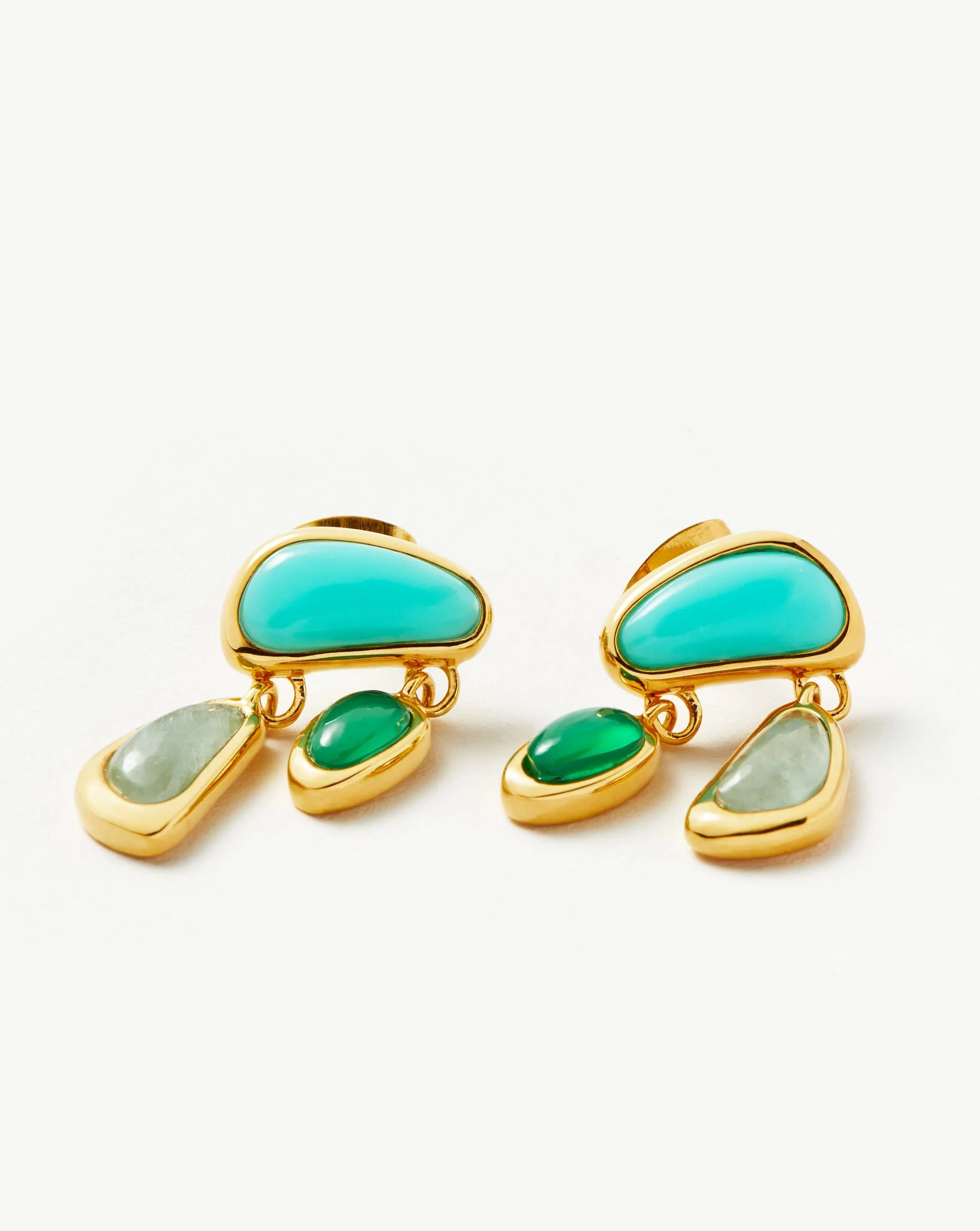 Molten Gemstone Floating Charm Stud Earrings | 18ct Gold Plated/Chalcedony & Turquoise & Aquamarine