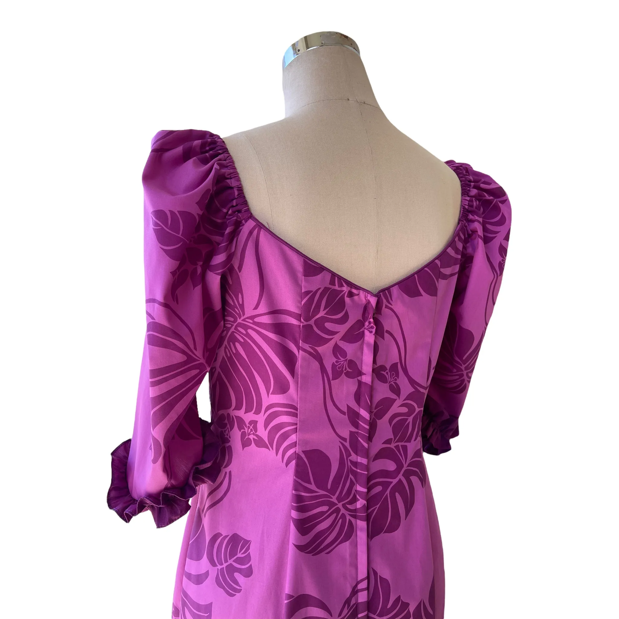 Monstera Print Magenta Formal Hawaiian Dress - In Hand Screen Printed Special Fabric 2861