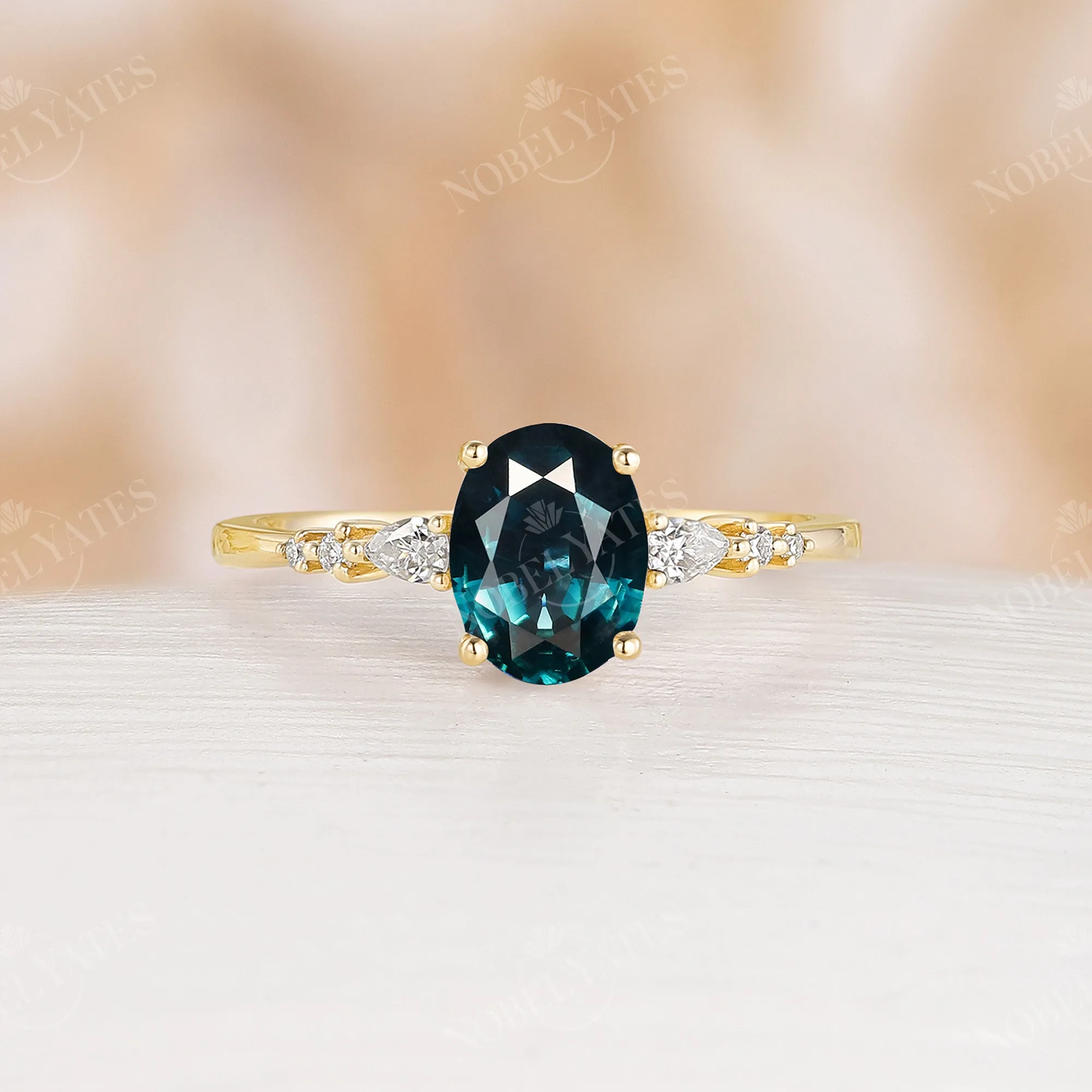 Natural Teal Sapphire Engagement Ring Side Stone Rose Gold