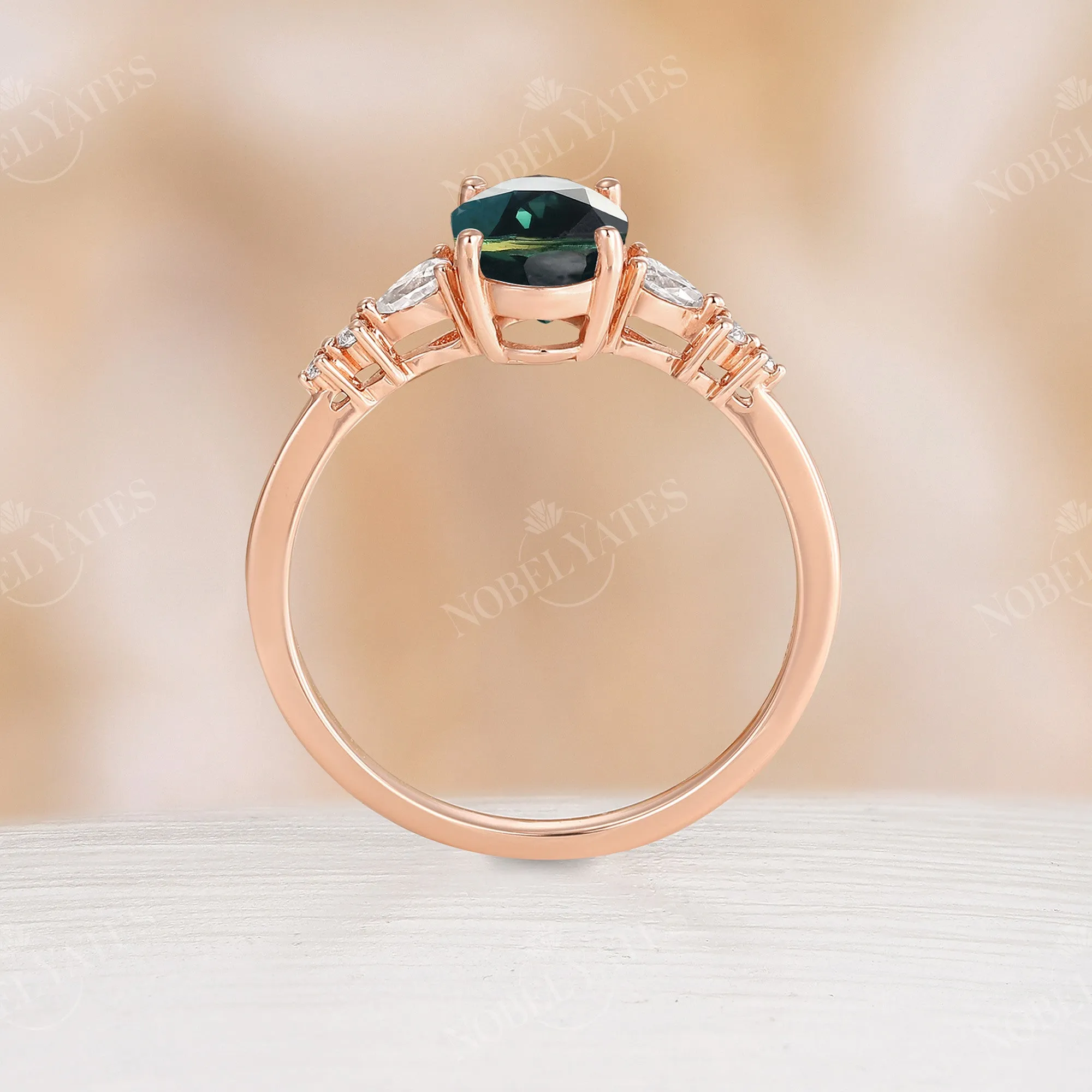 Natural Teal Sapphire Engagement Ring Side Stone Rose Gold