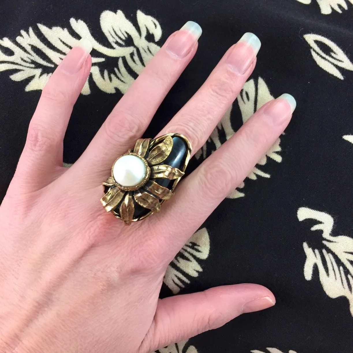 Onyx and Pearl Statement Ring - Adjustable