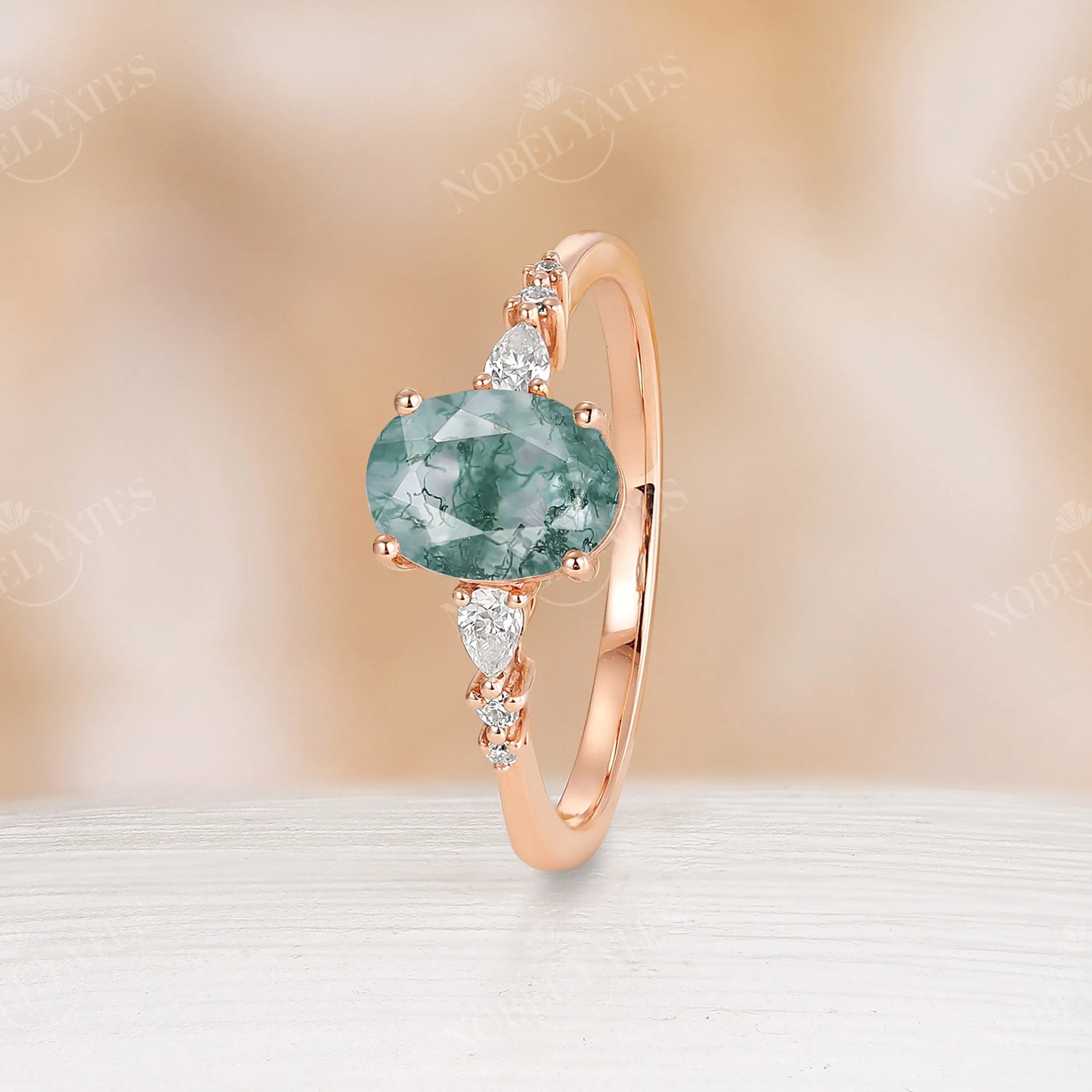 Oval Moss Agate Prong Set Engagement Ring Rose Gold Ring