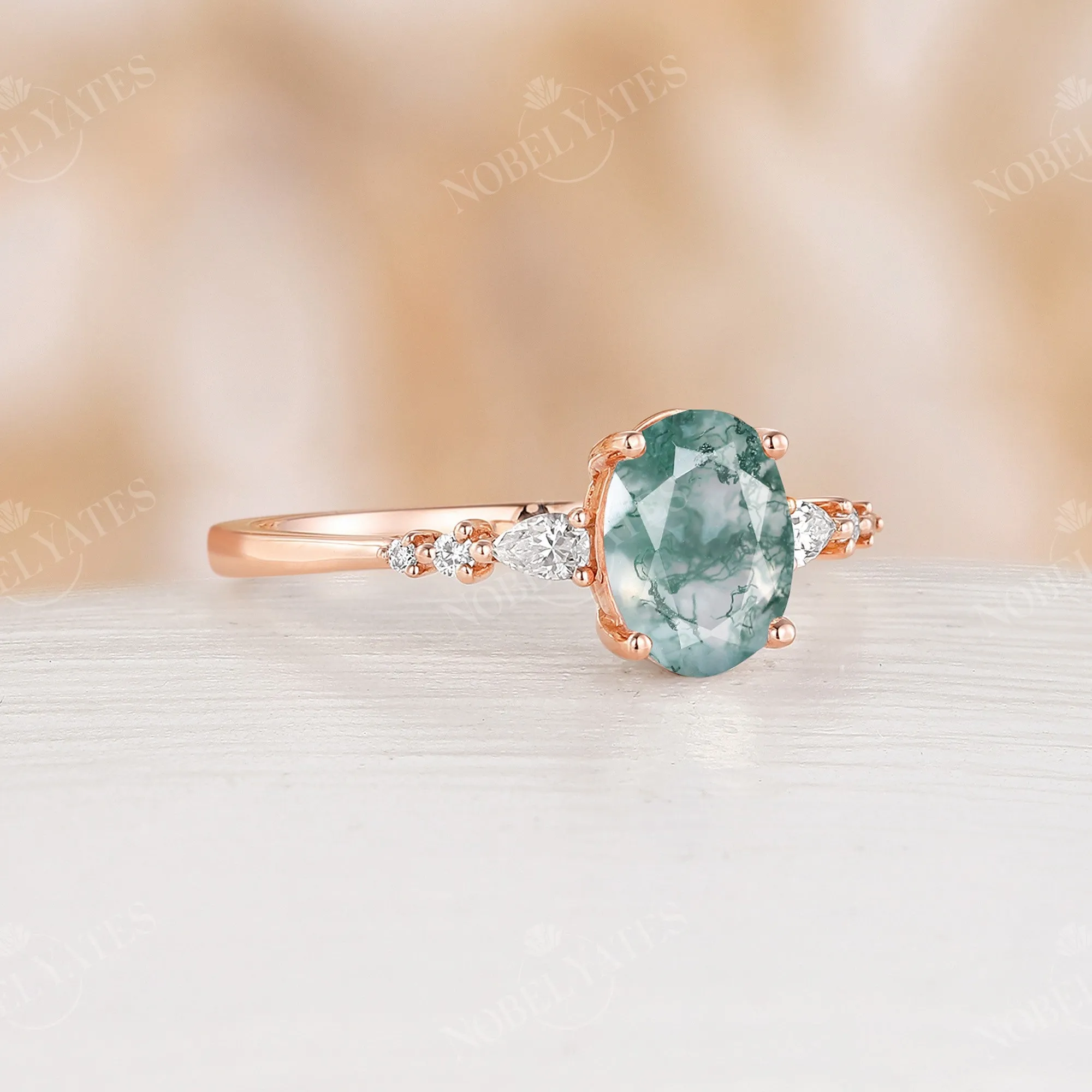 Oval Moss Agate Prong Set Engagement Ring Rose Gold Ring