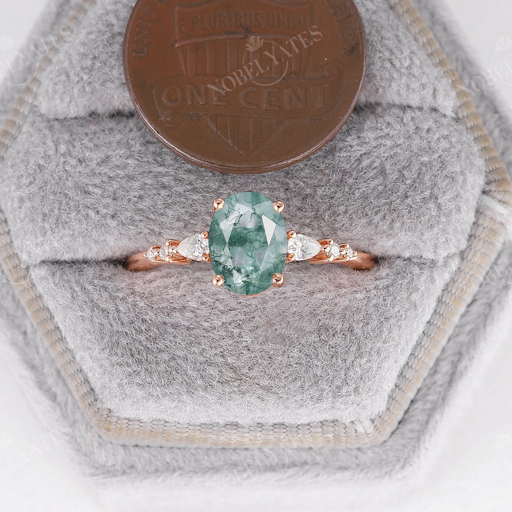 Oval Moss Agate Prong Set Engagement Ring Rose Gold Ring