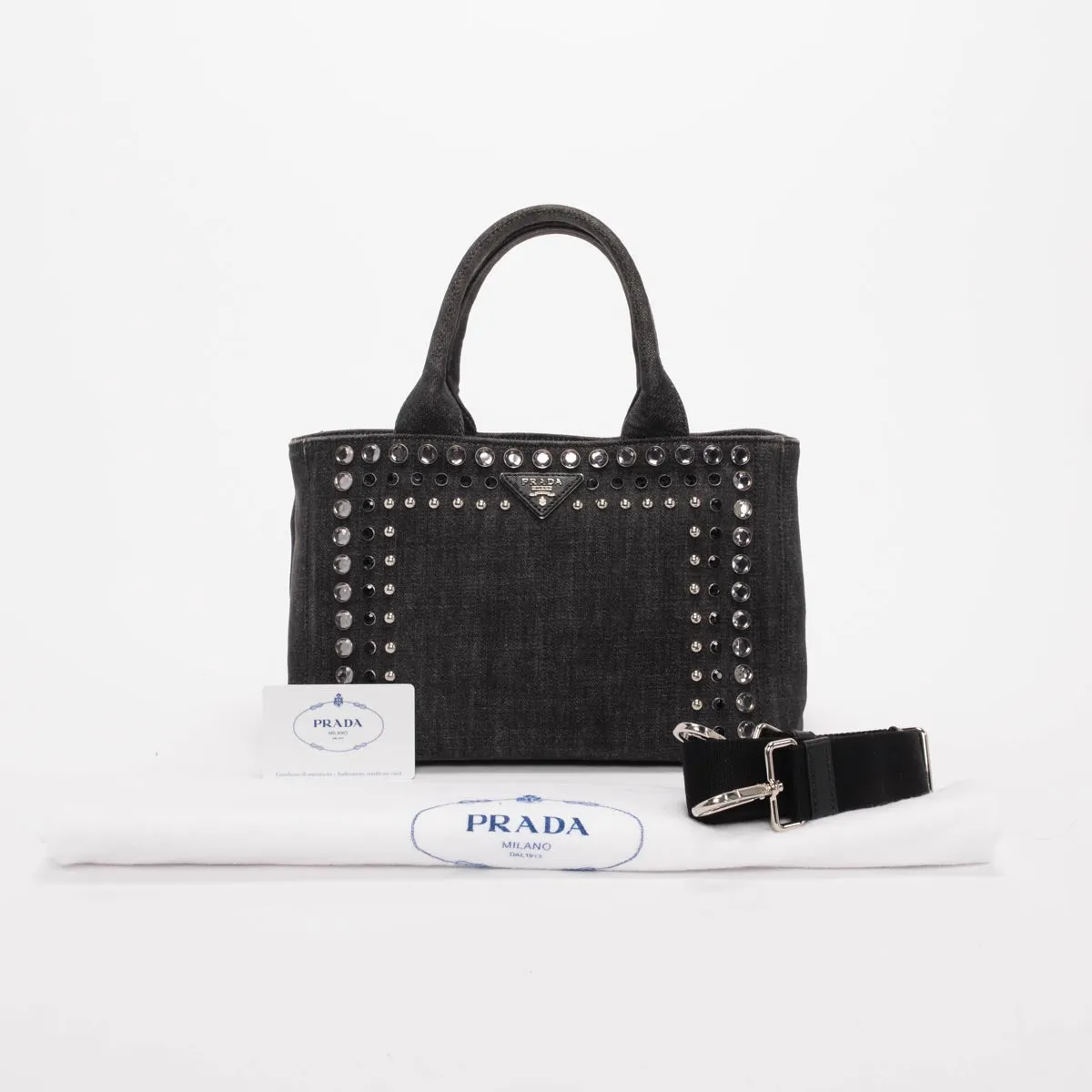 Prada Charcoal Denim Crystal Studded Canapa Tote