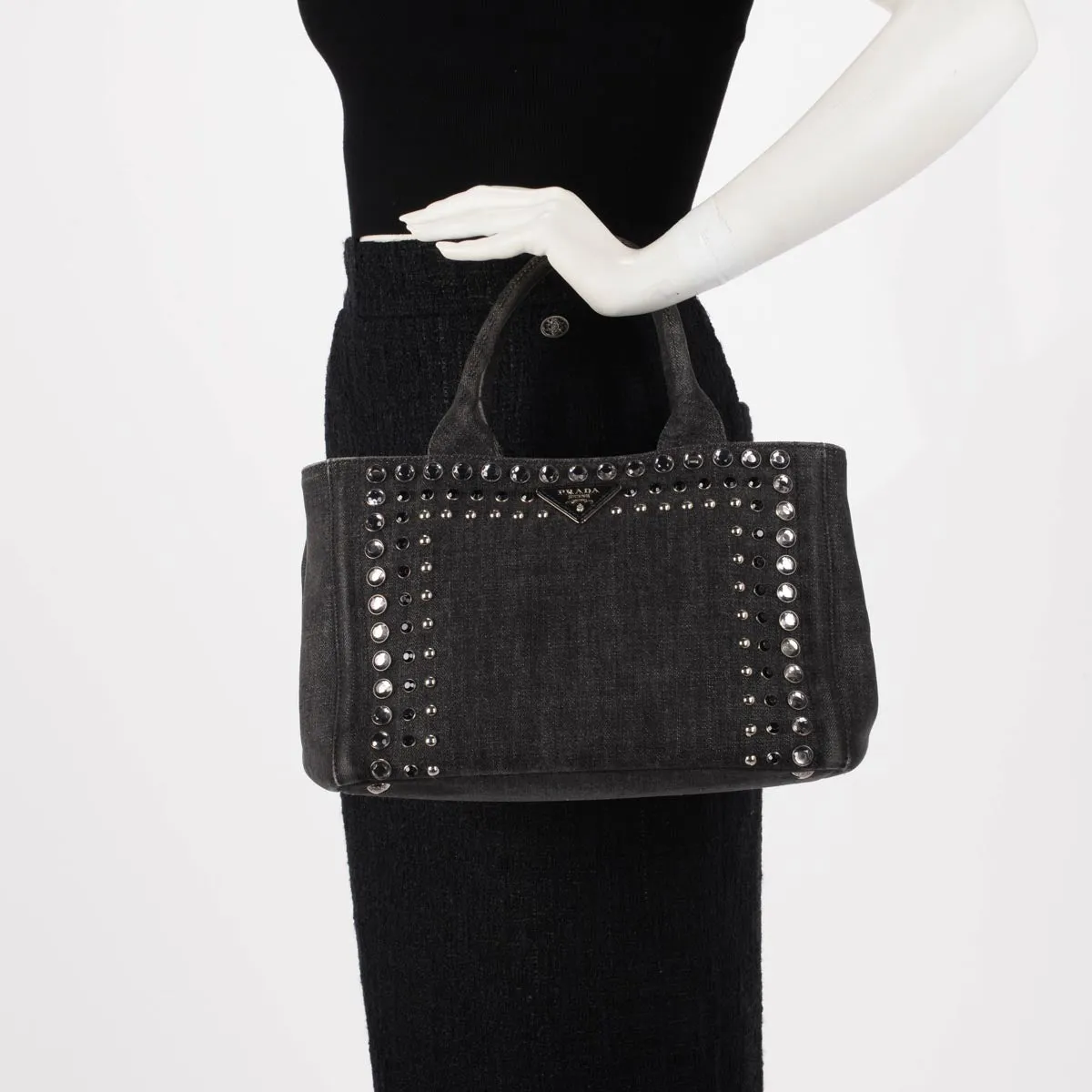 Prada Charcoal Denim Crystal Studded Canapa Tote