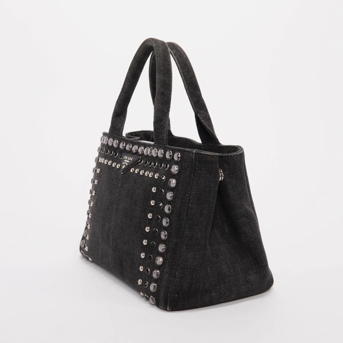 Prada Charcoal Denim Crystal Studded Canapa Tote