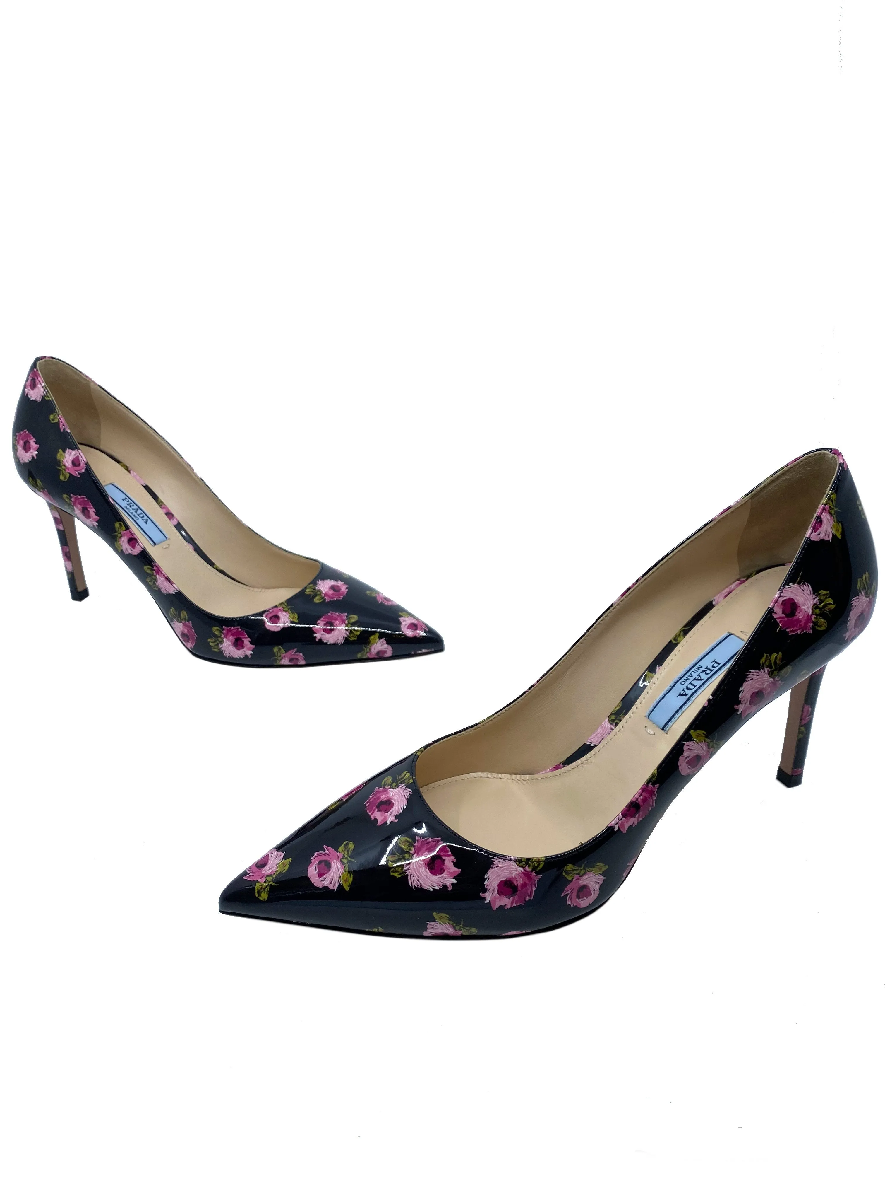 Prada Floral Print Patent Leather Pumps Size 7 NEW