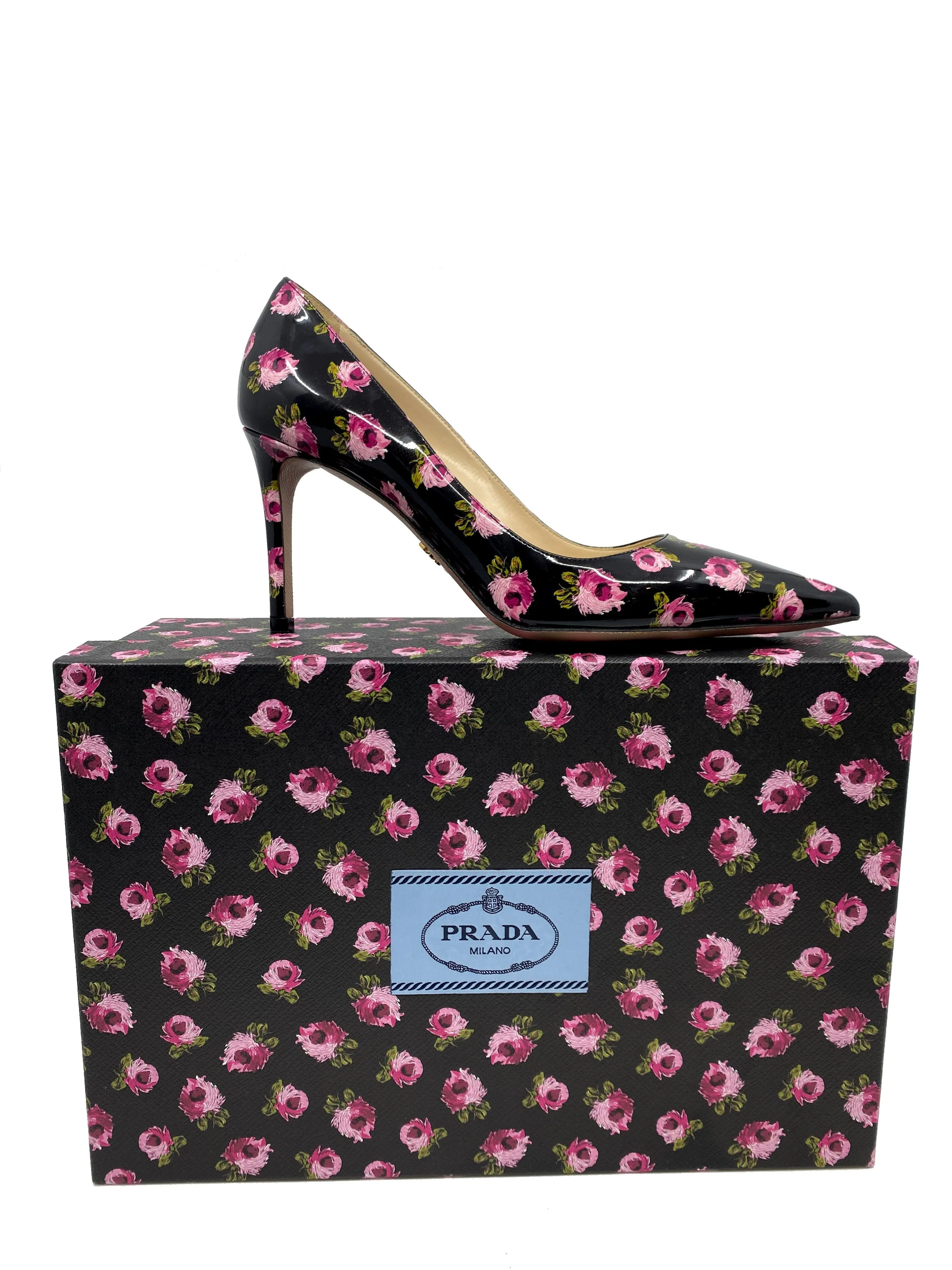 Prada Floral Print Patent Leather Pumps Size 7 NEW