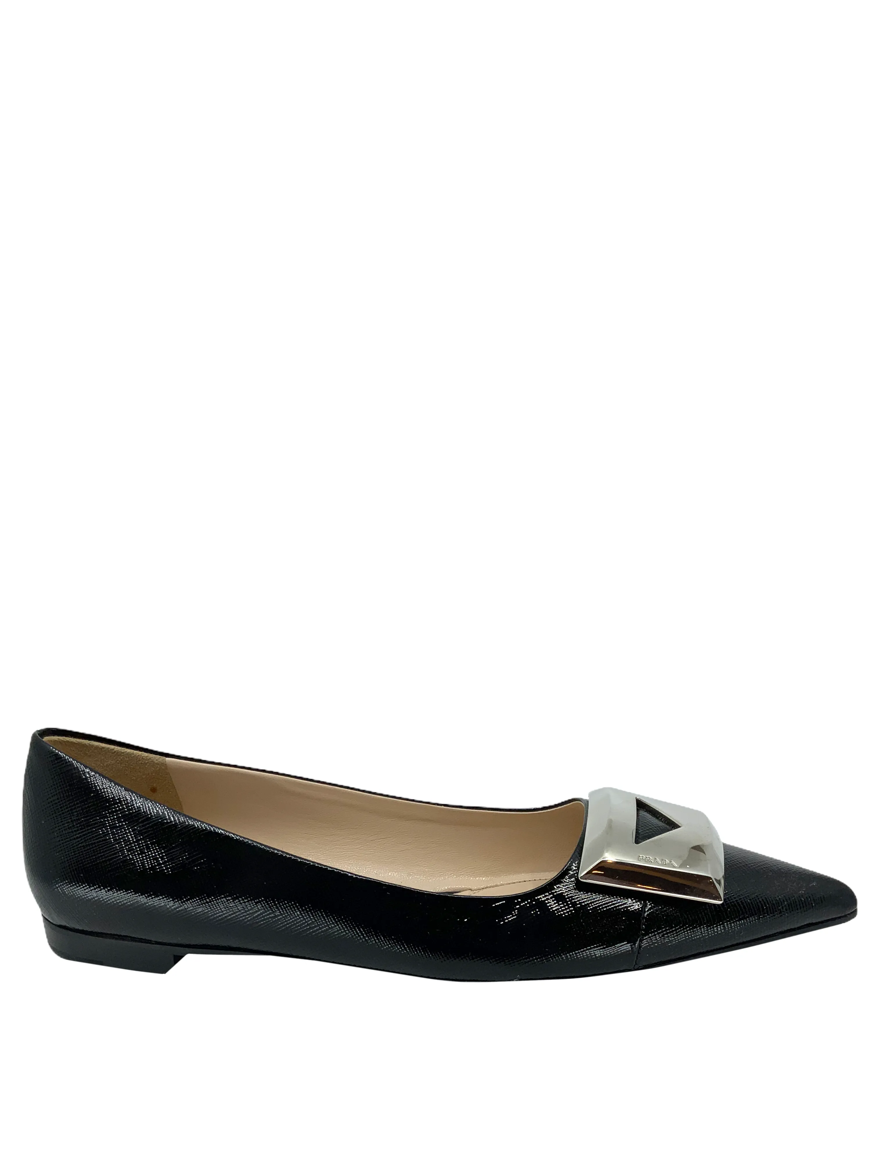 Prada Textured Patent Leather Metal Logo Flats Size 9