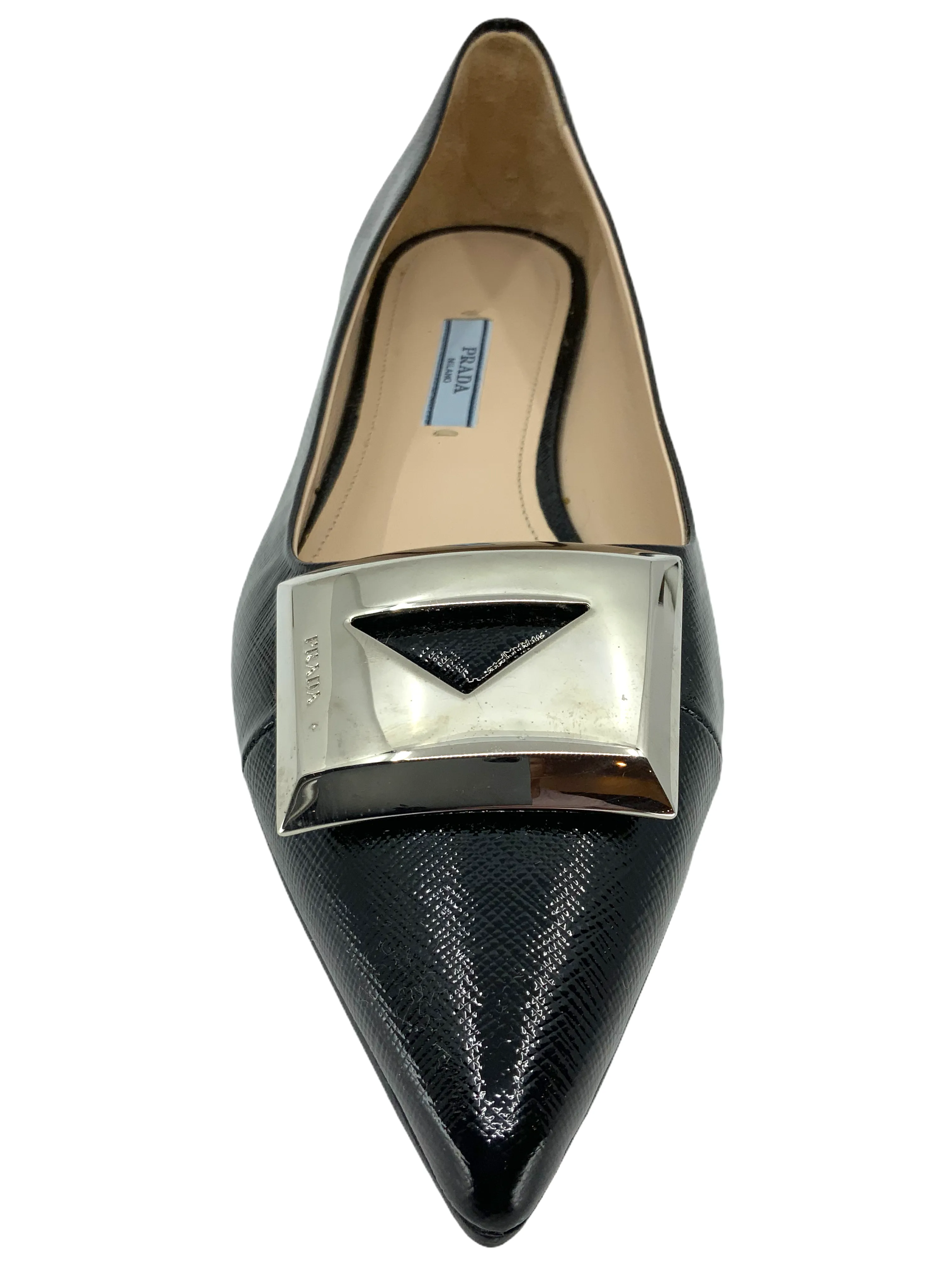 Prada Textured Patent Leather Metal Logo Flats Size 9