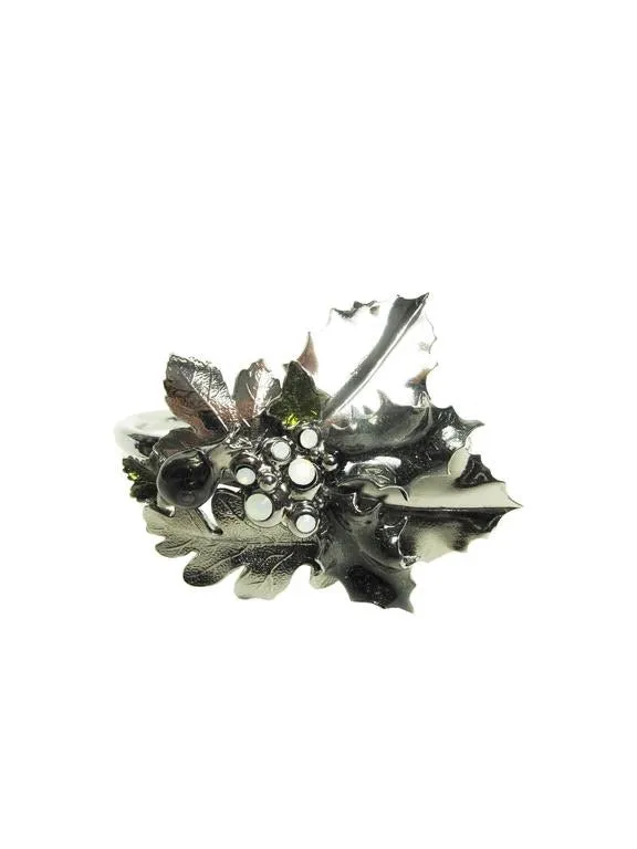 Rare Chanel 05A 2005 Fall Cuff Bracelet Gunmetal with Leaves and Opalescent Stones