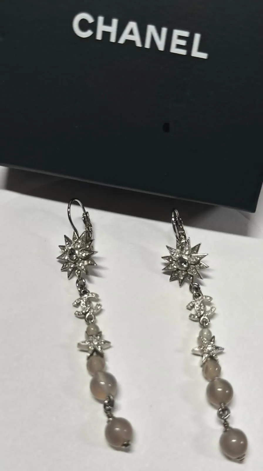 Rare Chanel 15A 2015 Fall Silver Long Star Crystal Dangle Drop Pierced Earrings