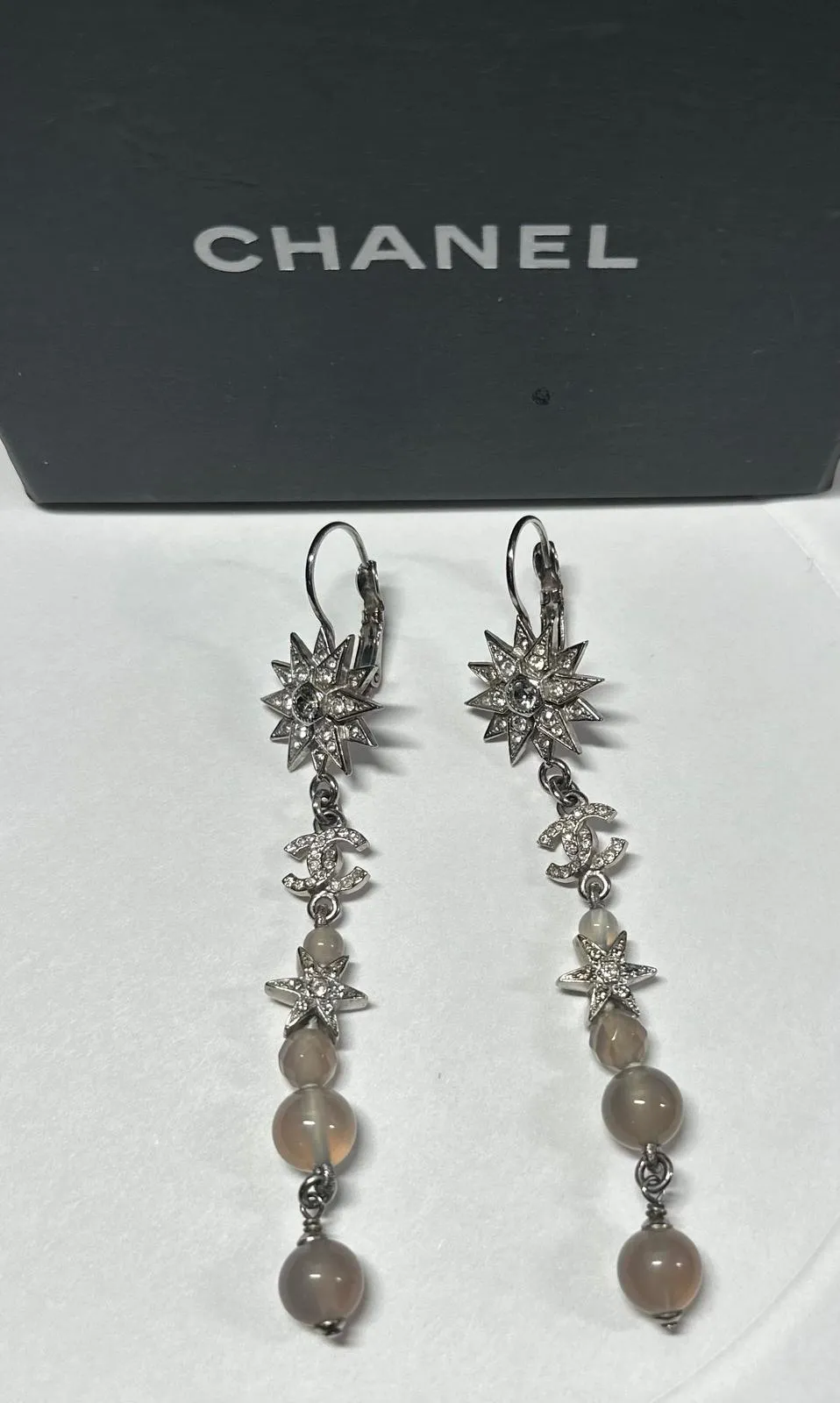 Rare Chanel 15A 2015 Fall Silver Long Star Crystal Dangle Drop Pierced Earrings