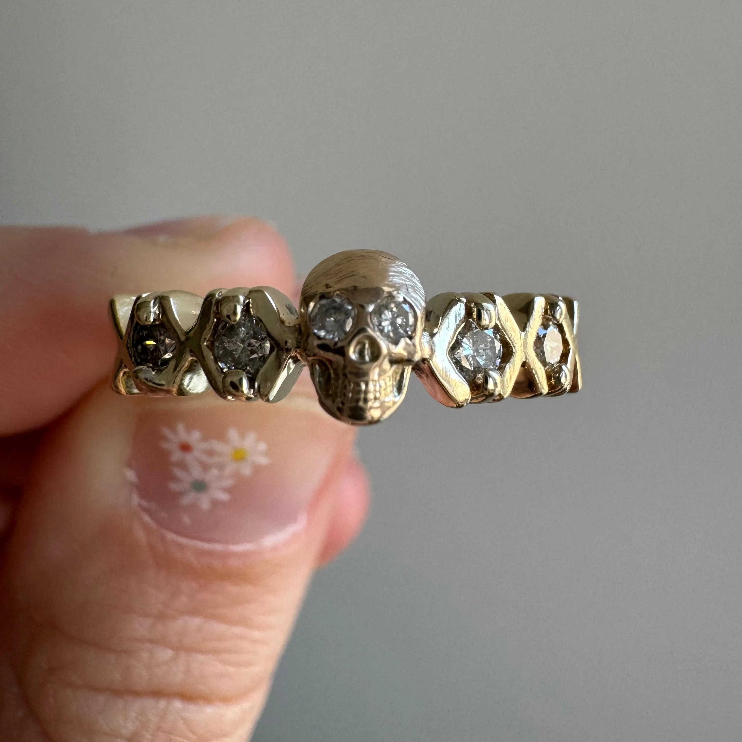 reimagined V I N T A G E // memento mori / solid 10k yellow gold and diamond skull ring / Memento Mori / size 7.75 to 8