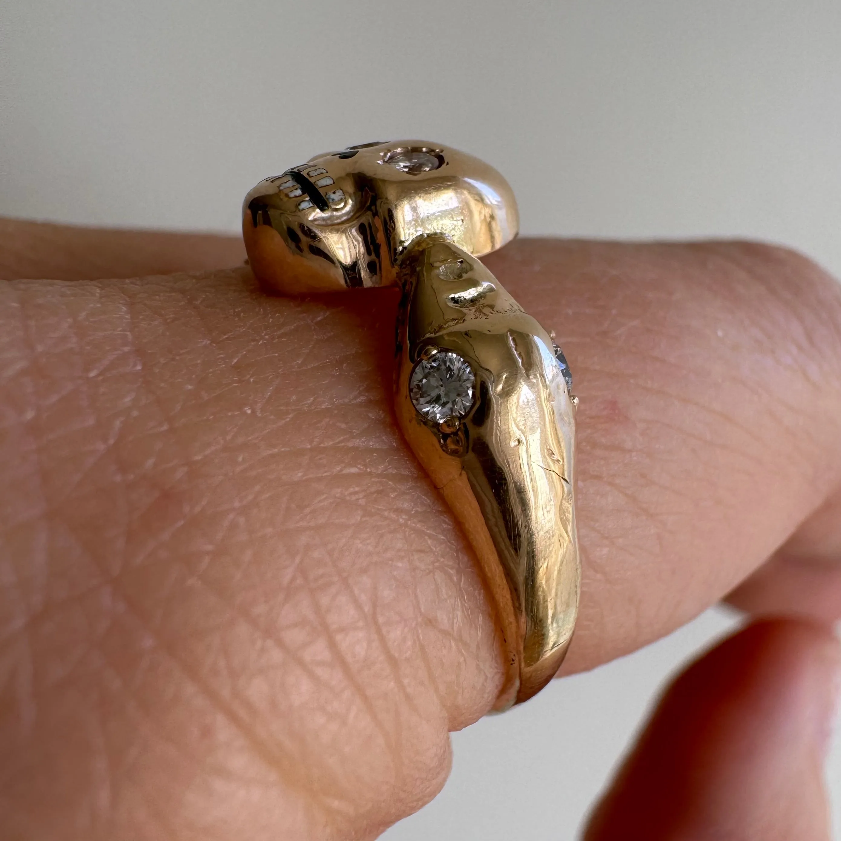 reimagined V I N T A G E // snake kisses / 14k and diamond skull and snake memento mori ring / size 7