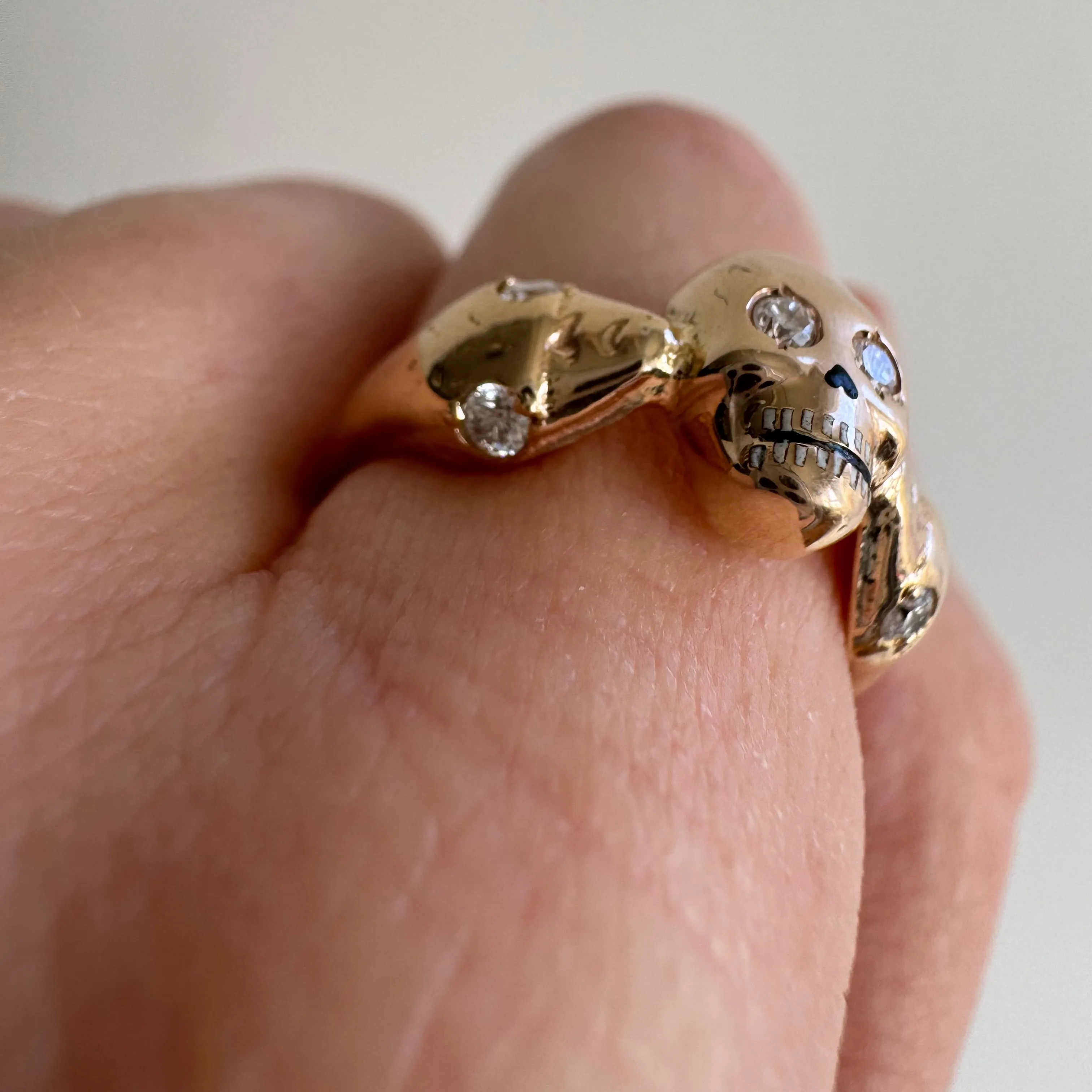 reimagined V I N T A G E // snake kisses / 14k and diamond skull and snake memento mori ring / size 7