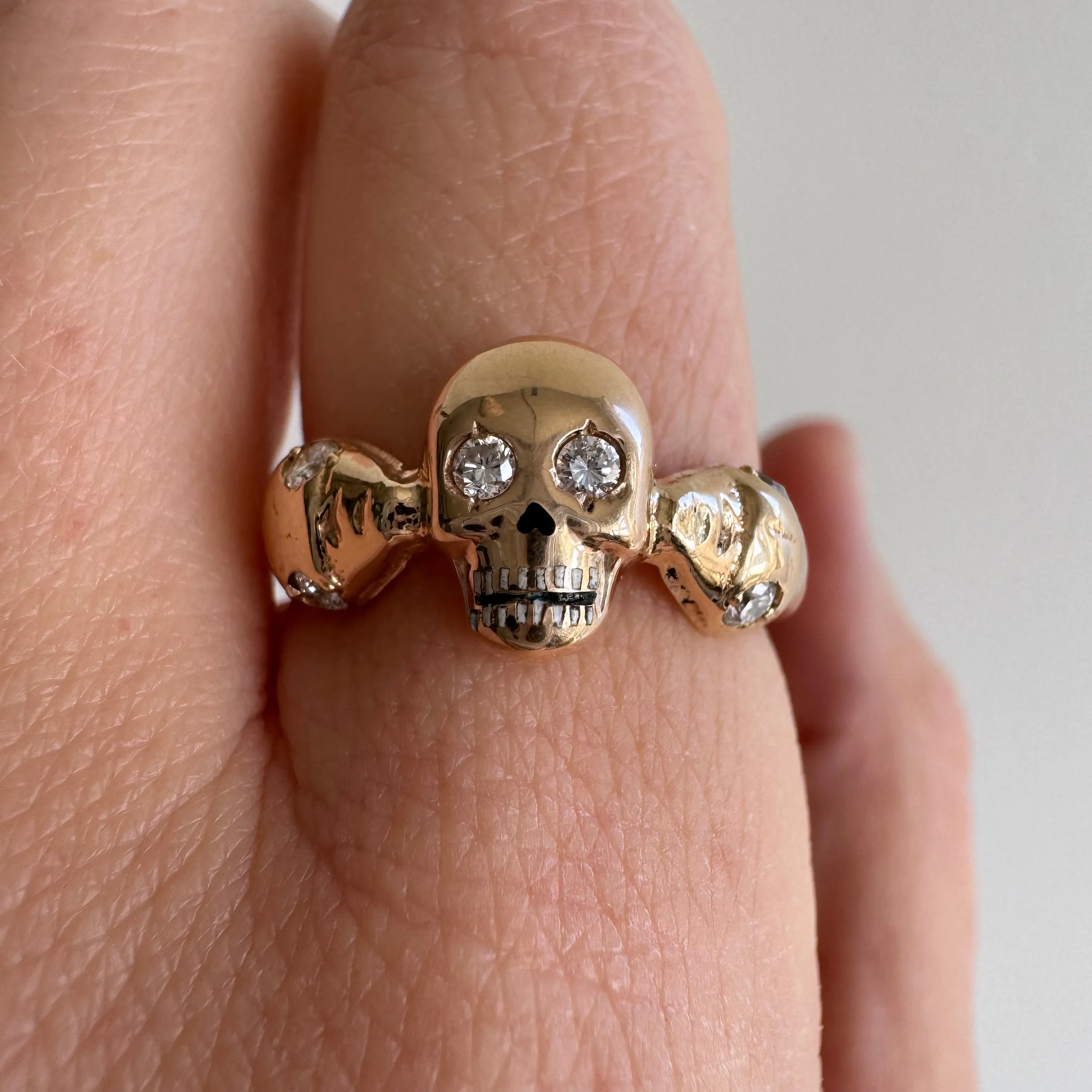 reimagined V I N T A G E // snake kisses / 14k and diamond skull and snake memento mori ring / size 7