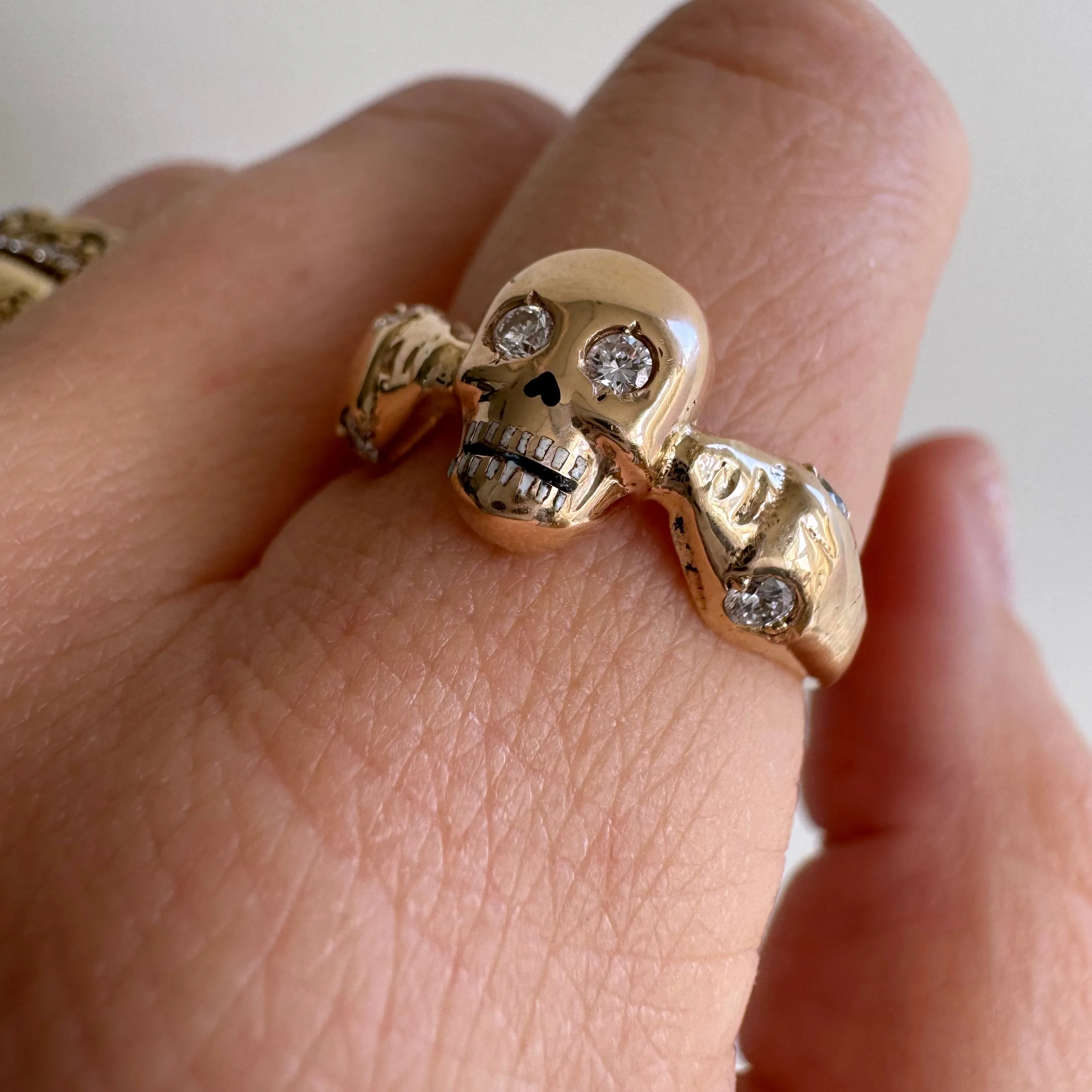 reimagined V I N T A G E // snake kisses / 14k and diamond skull and snake memento mori ring / size 7