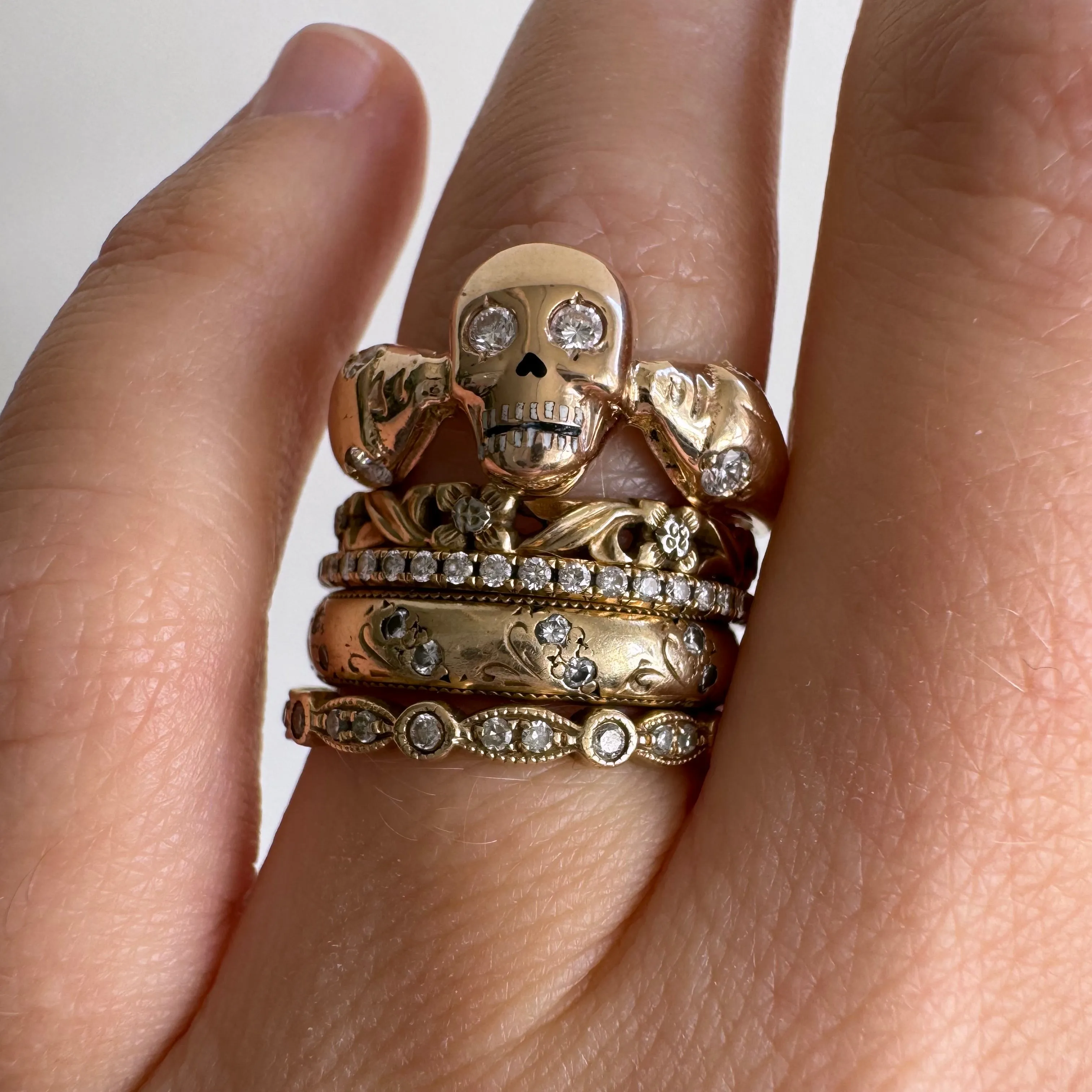 reimagined V I N T A G E // snake kisses / 14k and diamond skull and snake memento mori ring / size 7