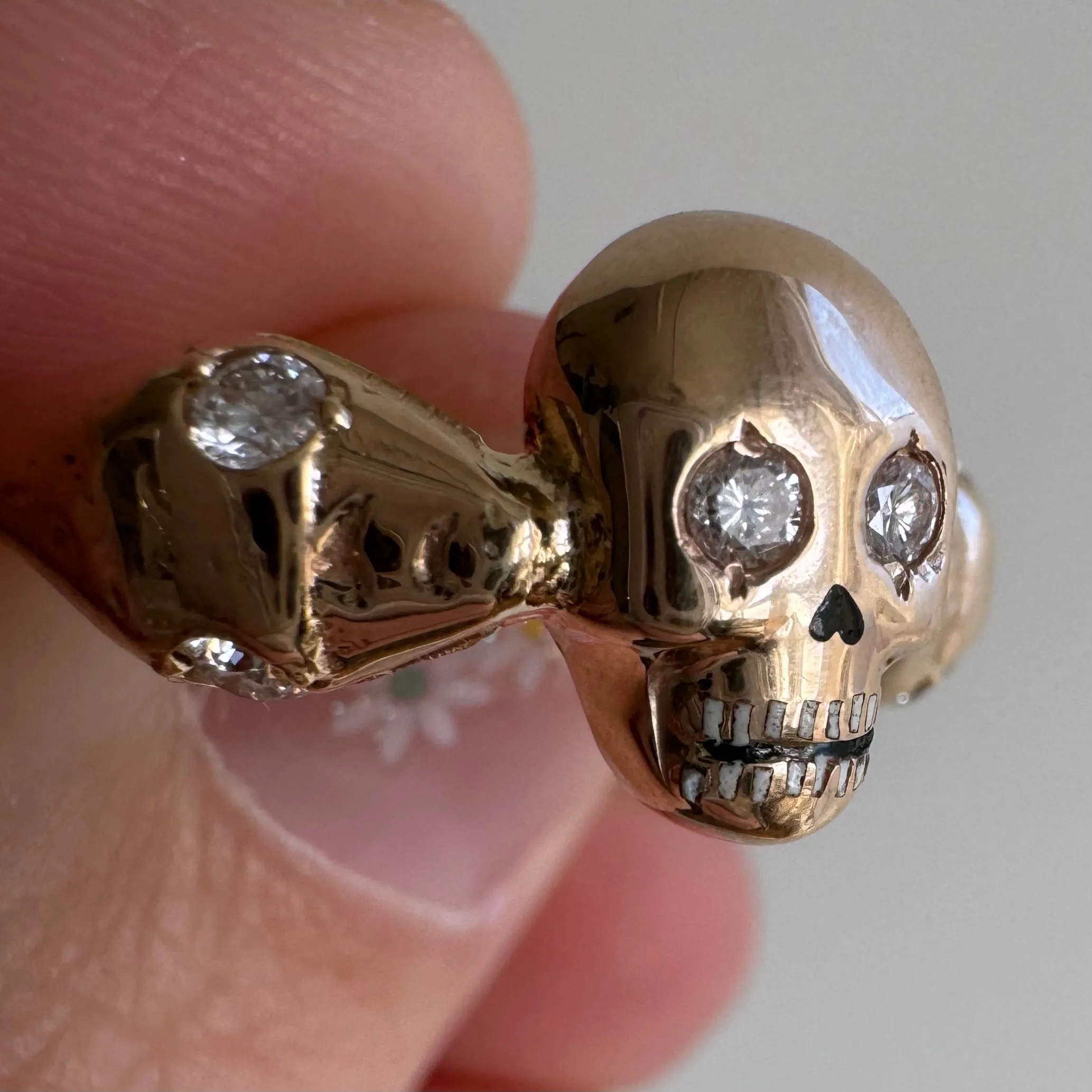 reimagined V I N T A G E // snake kisses / 14k and diamond skull and snake memento mori ring / size 7