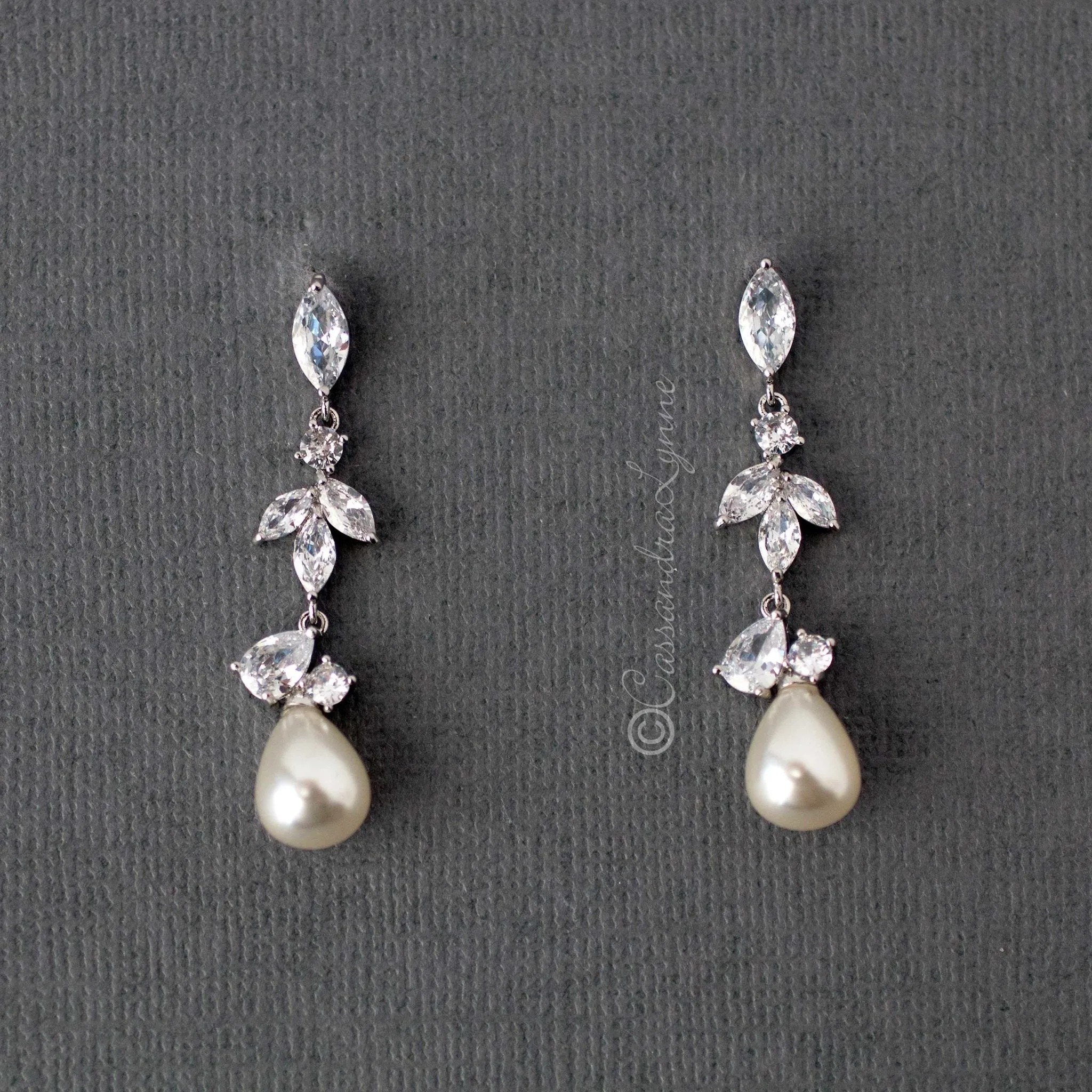 Teardrop Pearl CZ Bridal Earrings