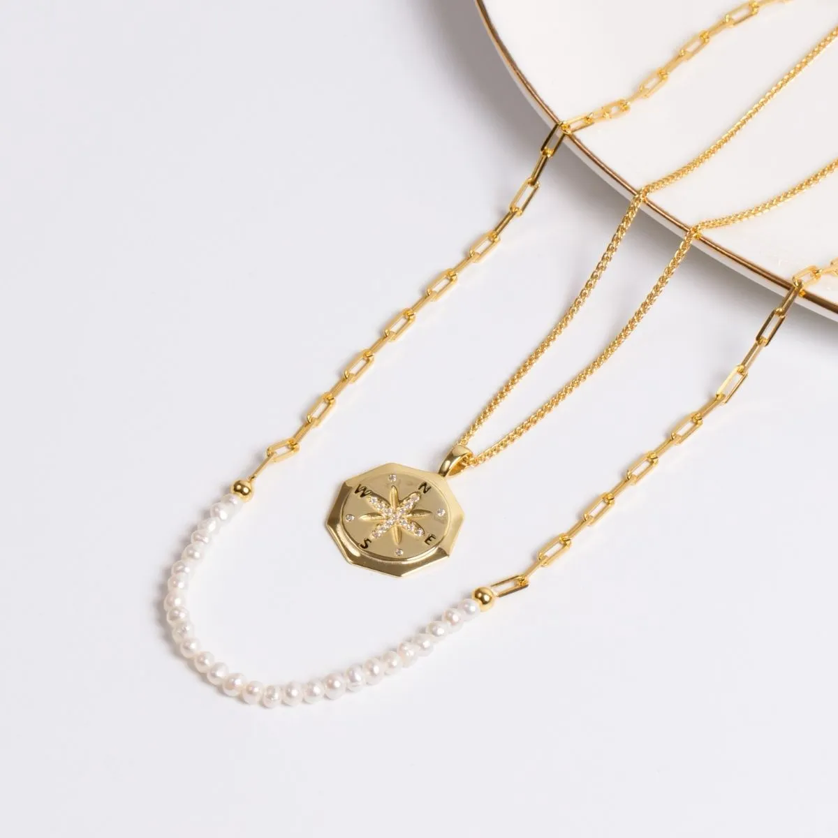 True North Compass Pendant with CZ Accents (Gold)