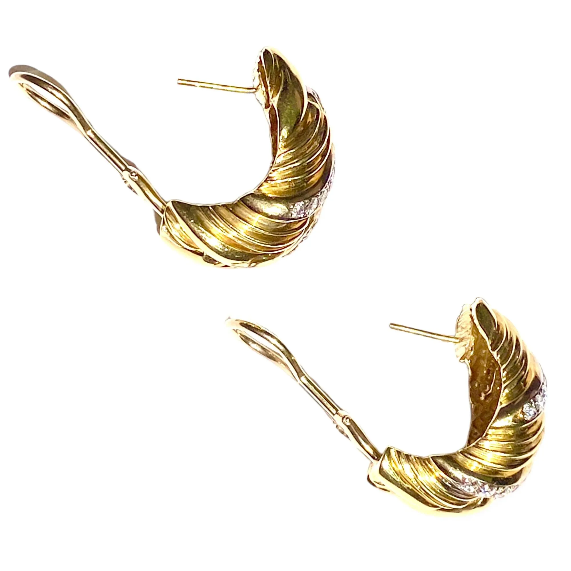 Vintage 14K Gold Puffed Ribbed Diamond Earrings