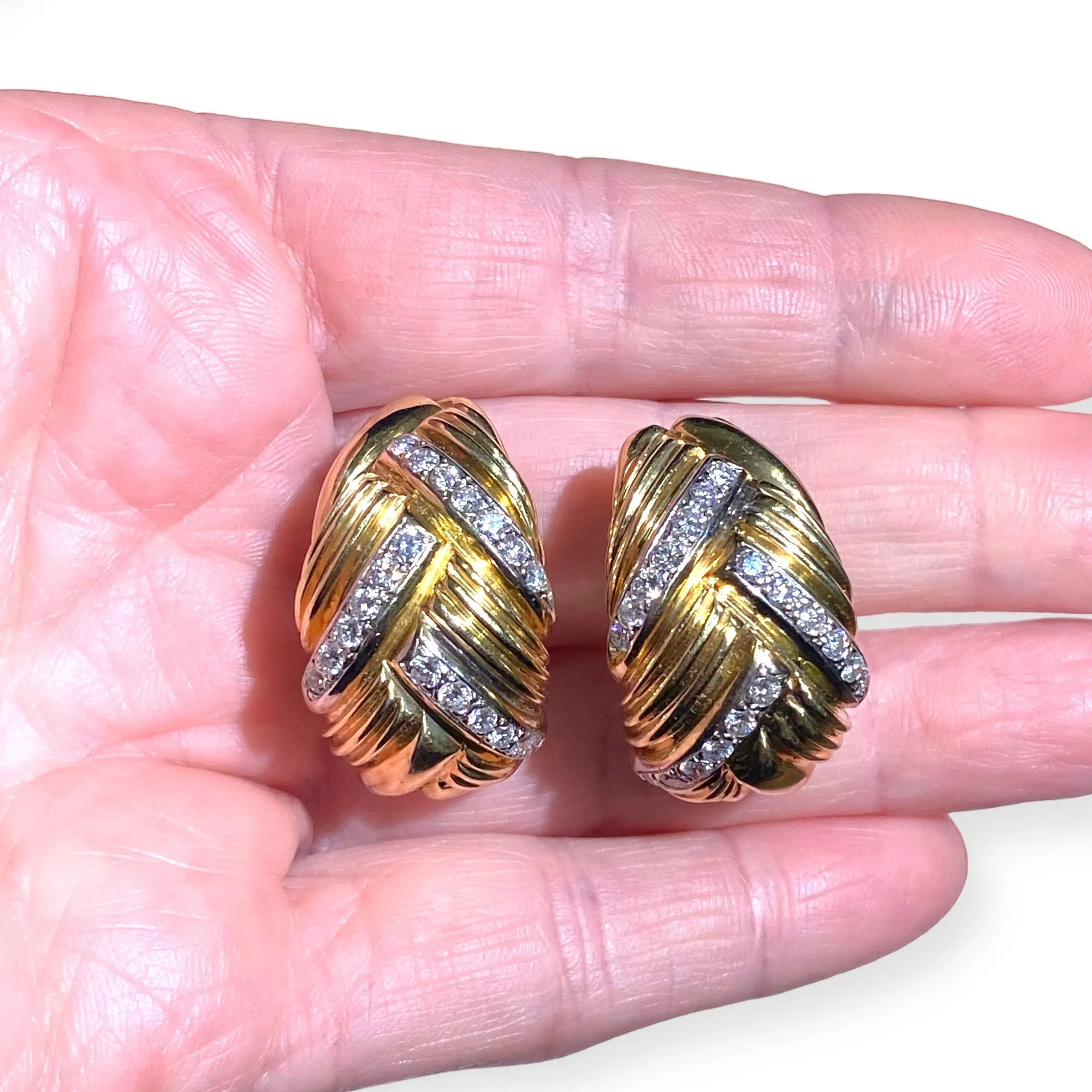 Vintage 14K Gold Puffed Ribbed Diamond Earrings