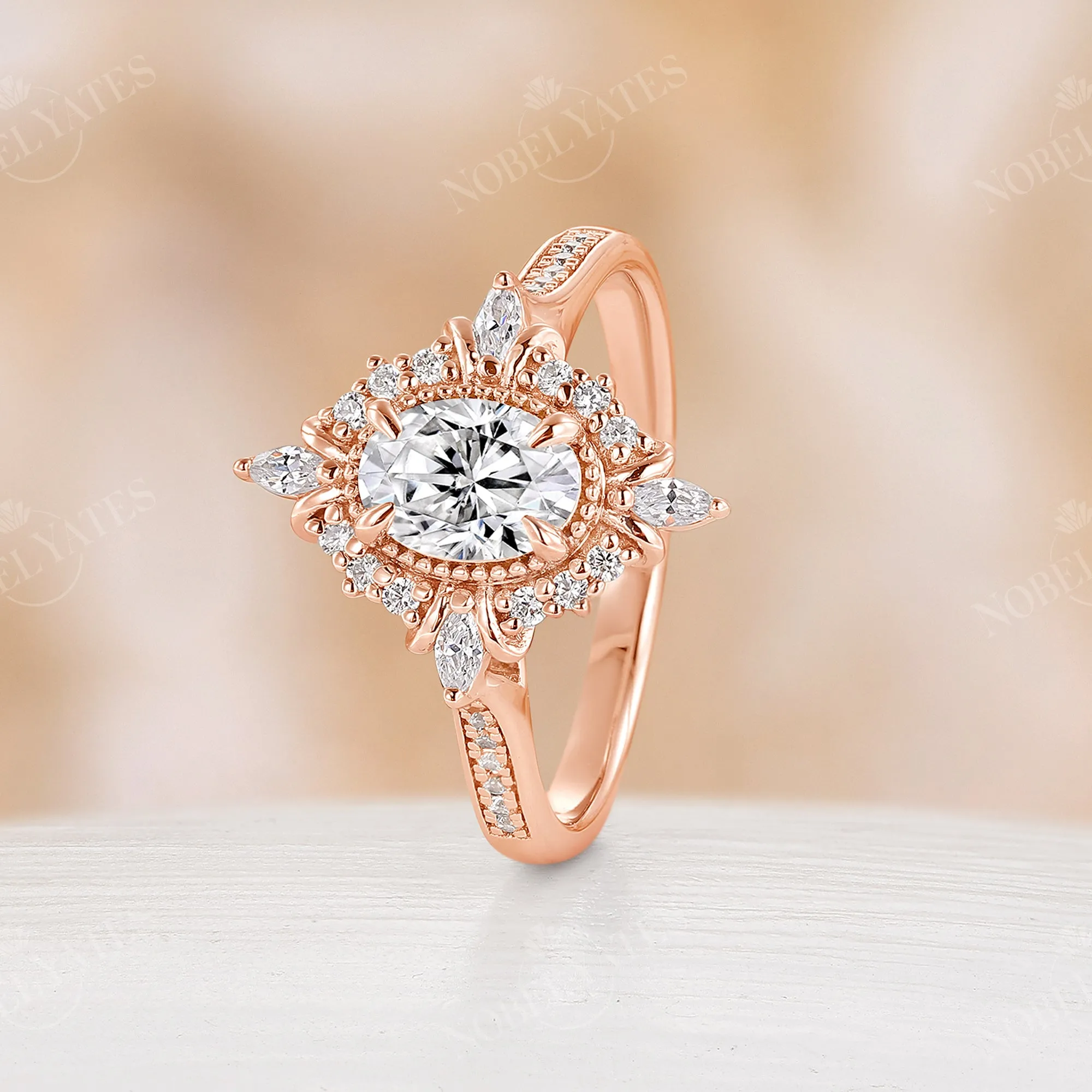 Vintage Oval Cut Moissanite Rose Gold Milgrain Engagement Ring