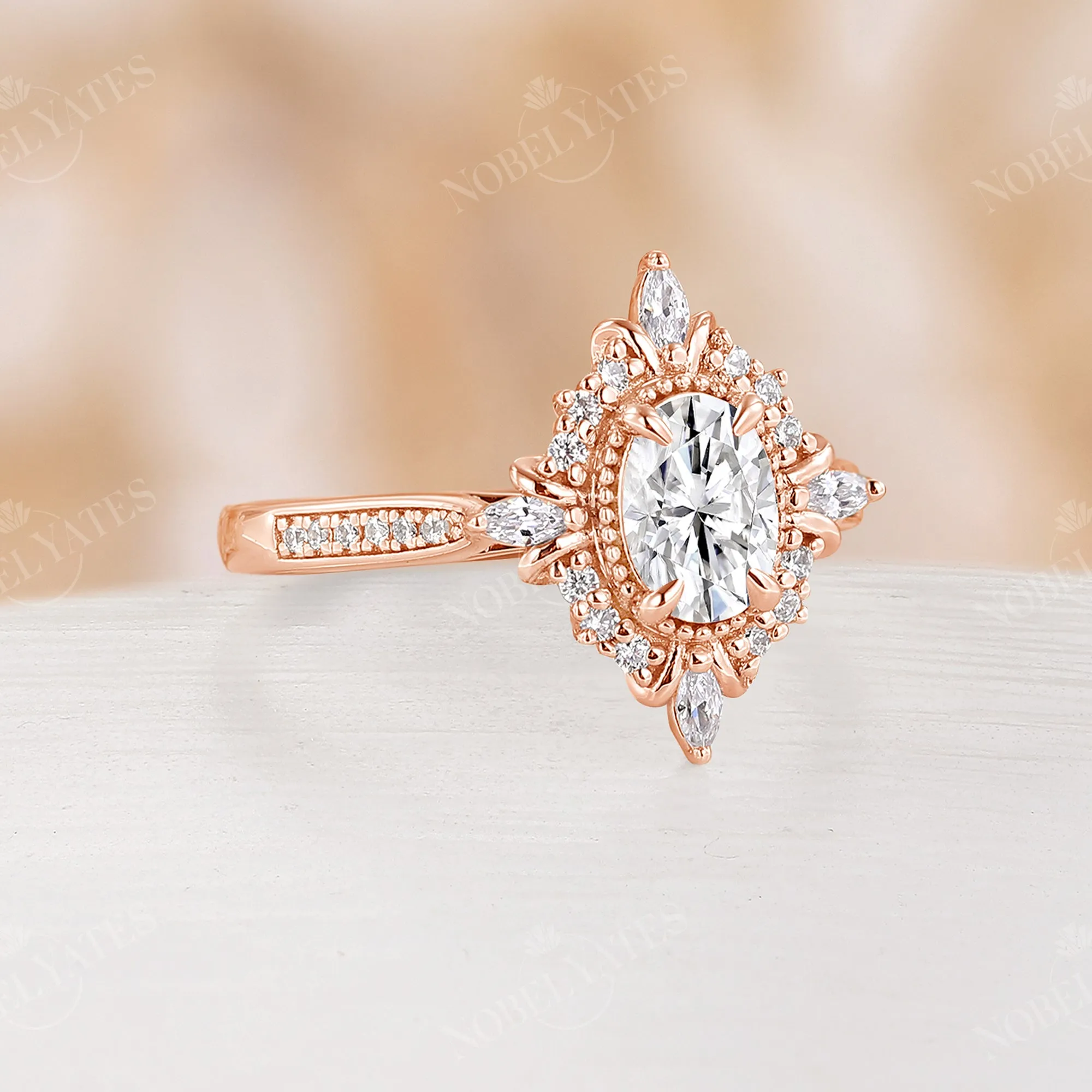 Vintage Oval Cut Moissanite Rose Gold Milgrain Engagement Ring