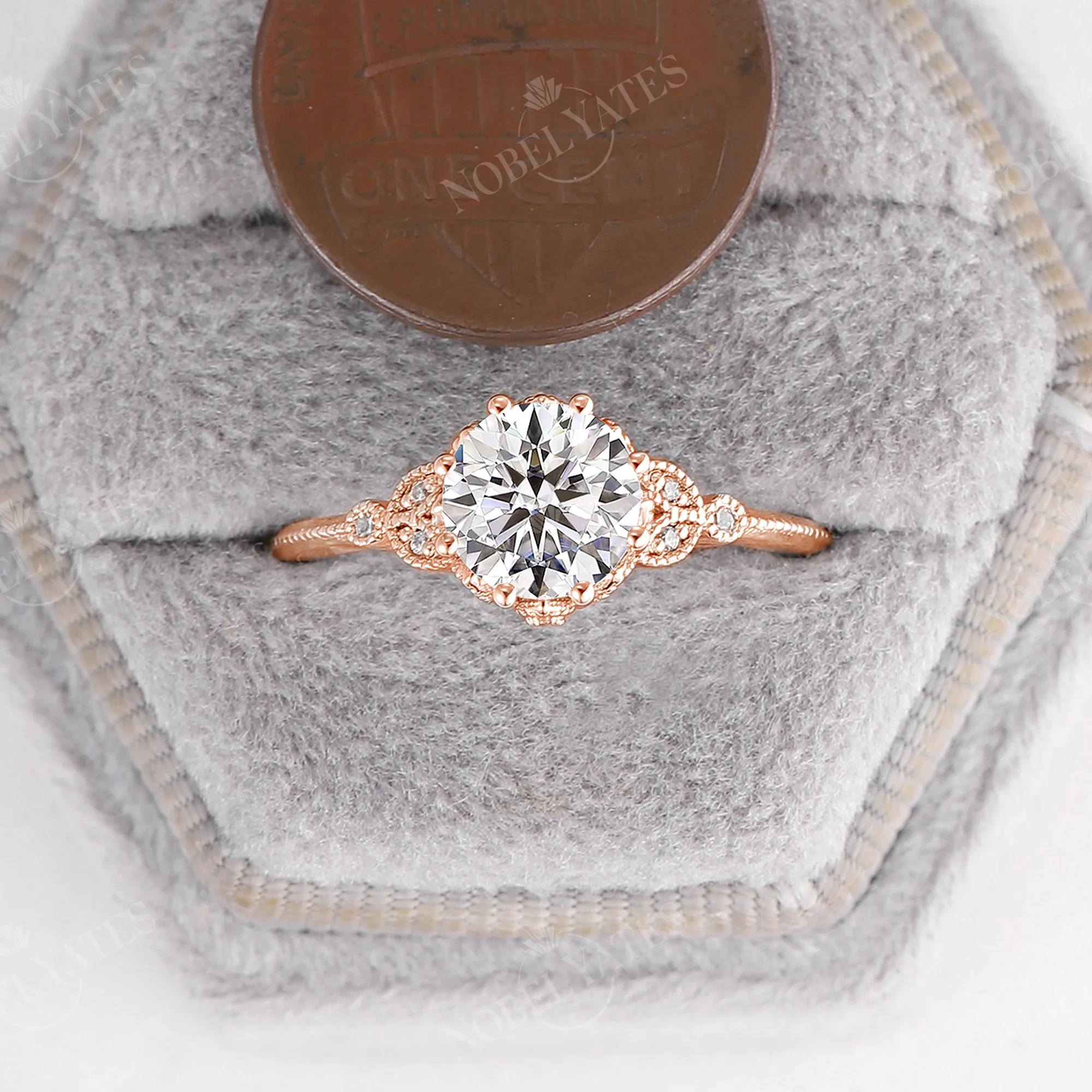 Vintage Round Cut Moissanite Milgrain Leaf Engagement Ring