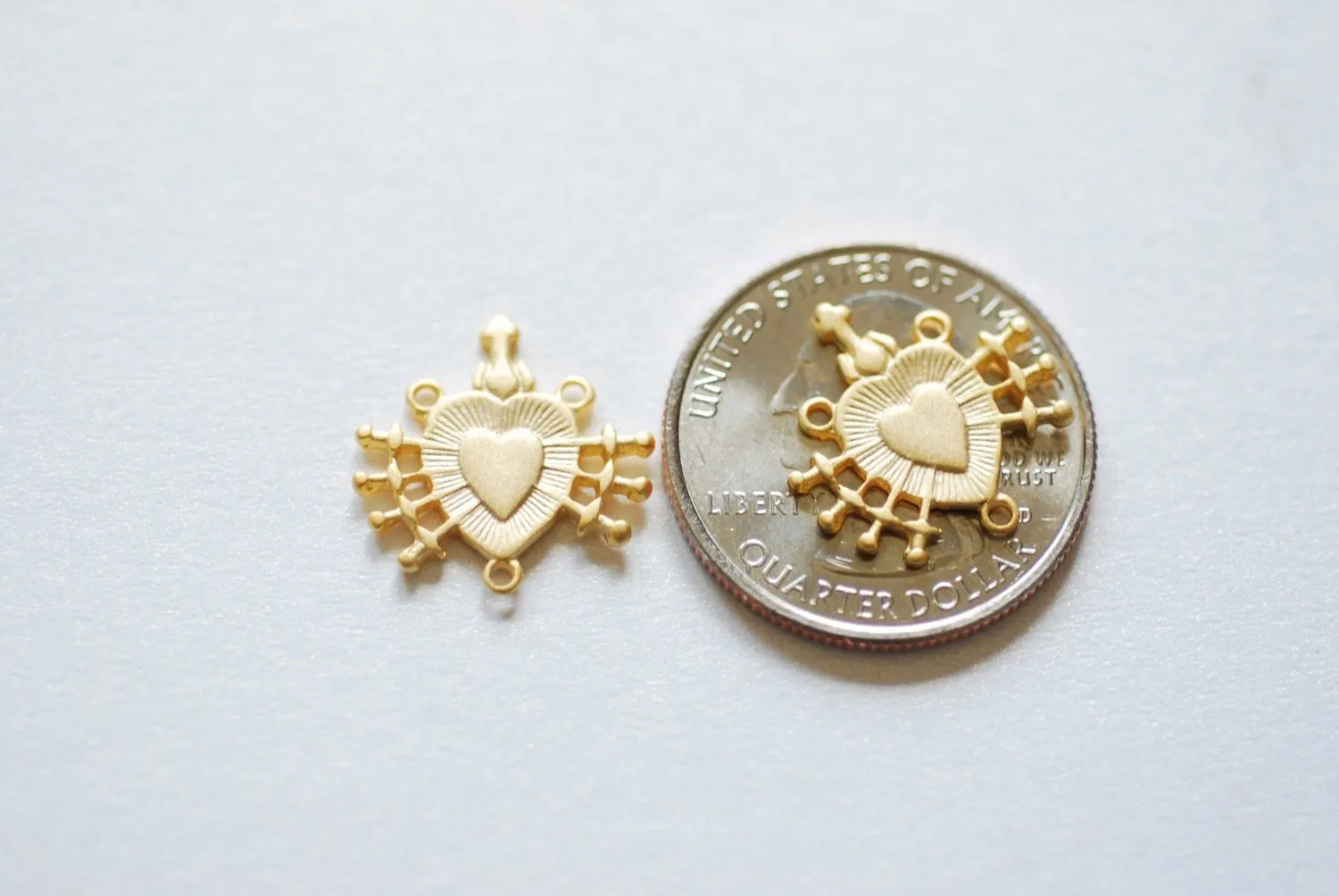 Wholesale Matte Vermeil  Gold Holy Sacred Heart Connector Charm- 18k gold plated over 925 silver Religious Rosary Pendant, Heart Rosary Spacer, 214