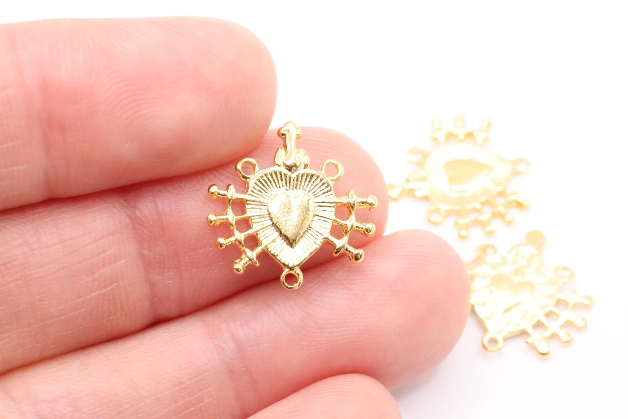 Wholesale Shiny Vermeil  Gold Holy Sacred Heart Connector Charm- 18k gold plated over 925 silver Religious Rosary Pendant, Heart Rosary Spacer, 214