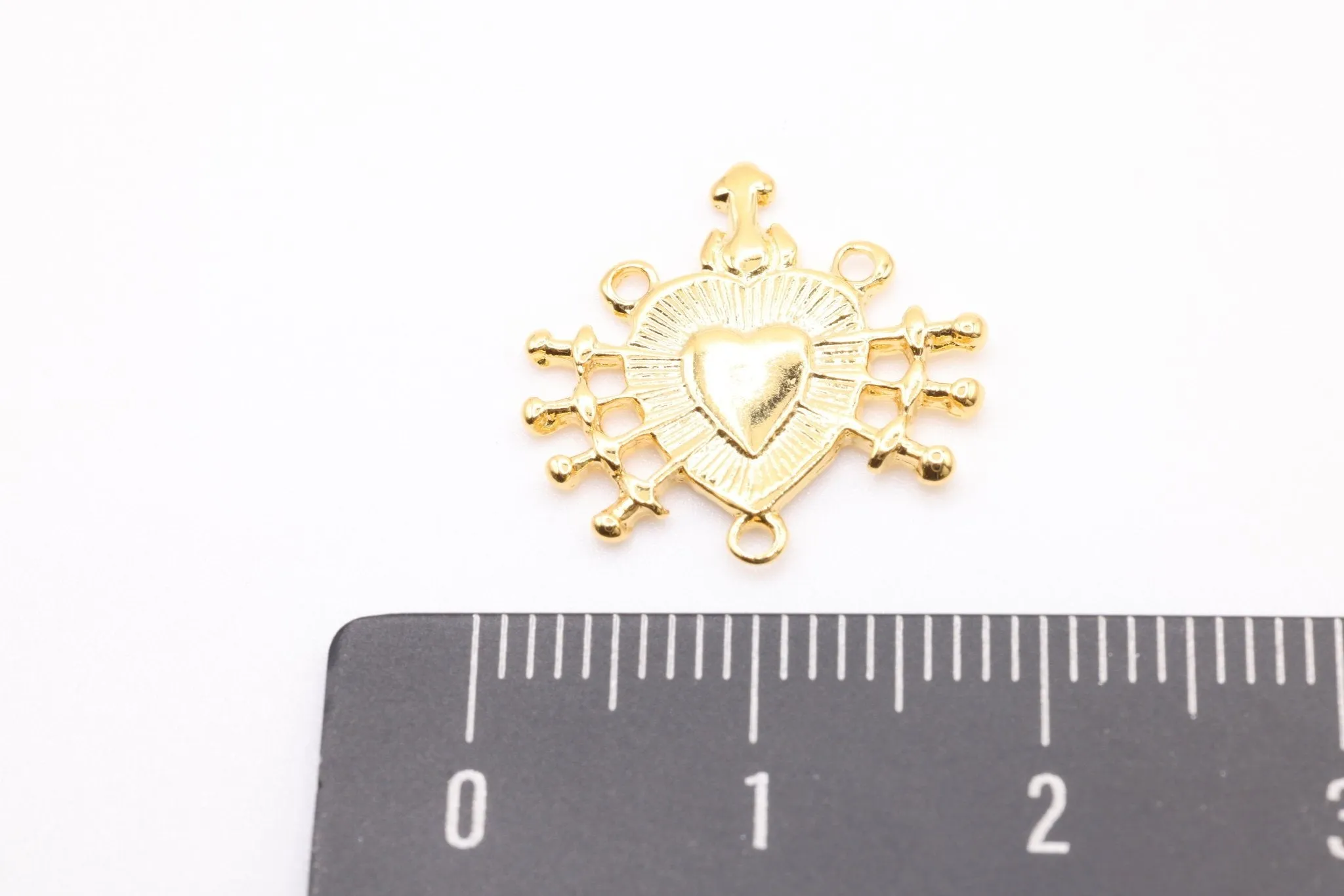 Wholesale Shiny Vermeil  Gold Holy Sacred Heart Connector Charm- 18k gold plated over 925 silver Religious Rosary Pendant, Heart Rosary Spacer, 214