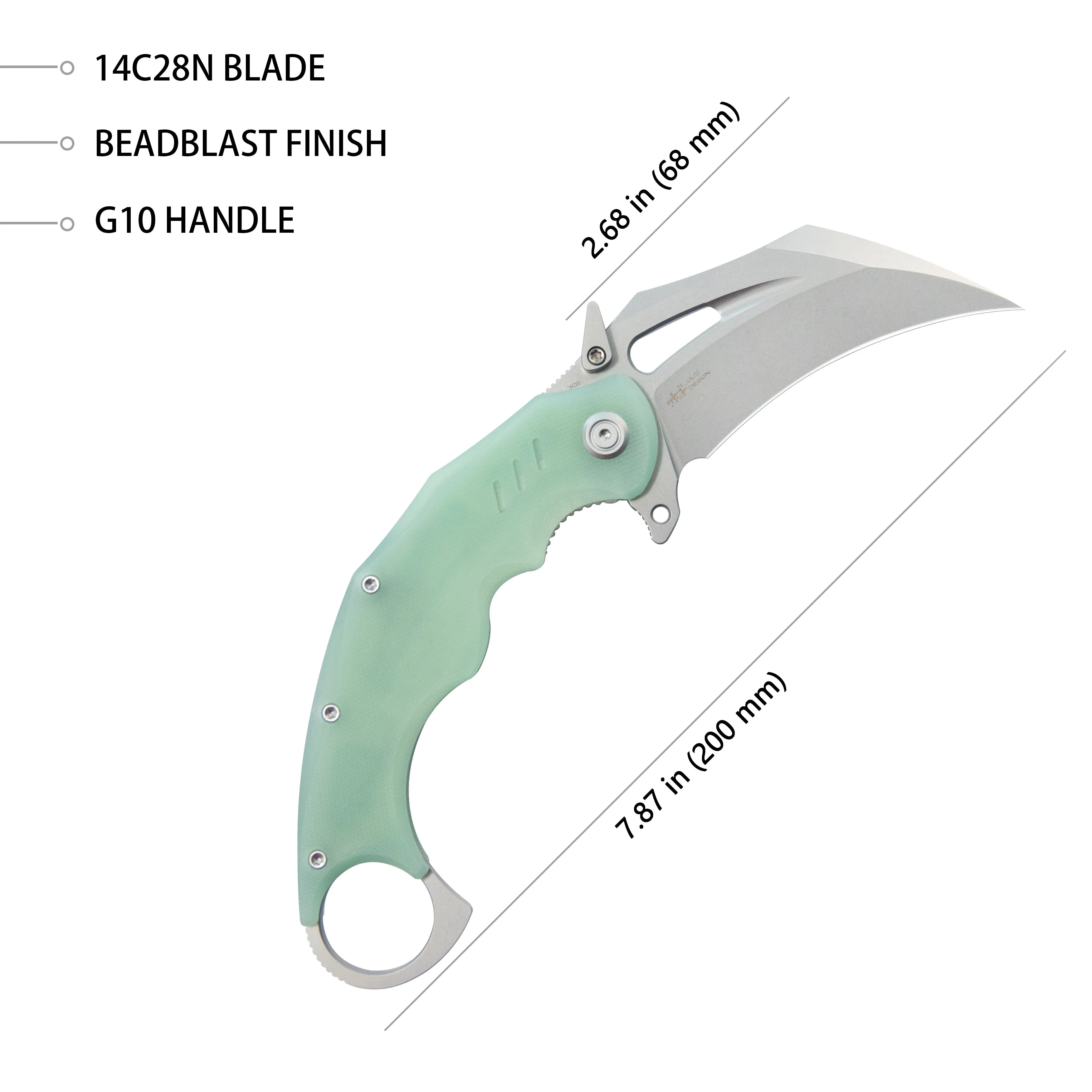 Wrath Karambit Folding Knife Jade G-10 Handle 2.68 Beadblast 14C28N Blade KU261I